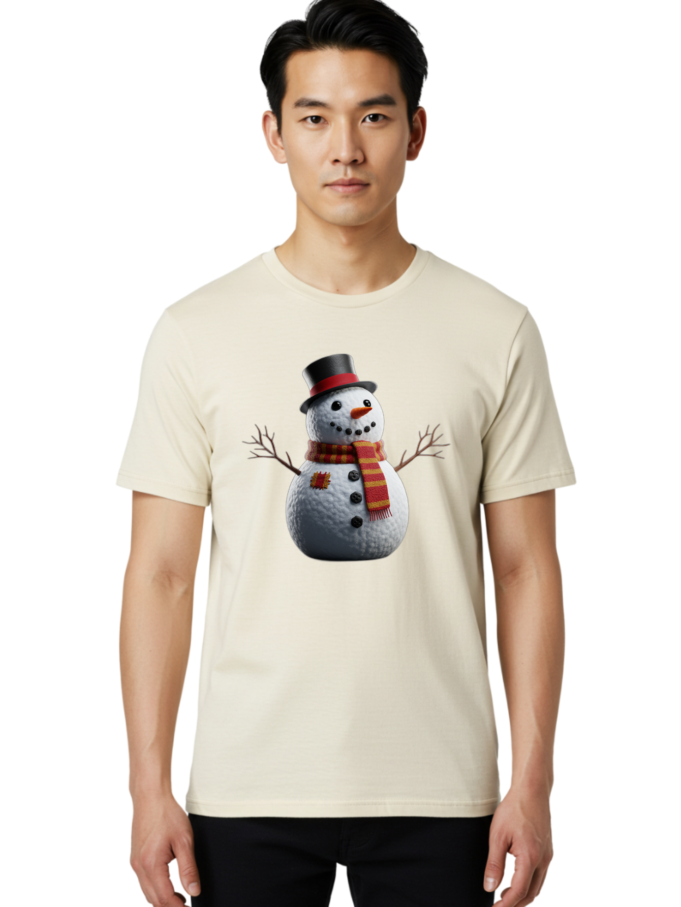 Snowman-In-Top-Hat Men'S Graphic Tee, 100% Cotton, Comfortable Casual Summer Wear, Machine Washable, Snowman With Top Hat, Red And Yellow Striped Scarf, Carrot Nose, Coal Eyes, Festive Winter Character, Winter Holiday Season, Bac443