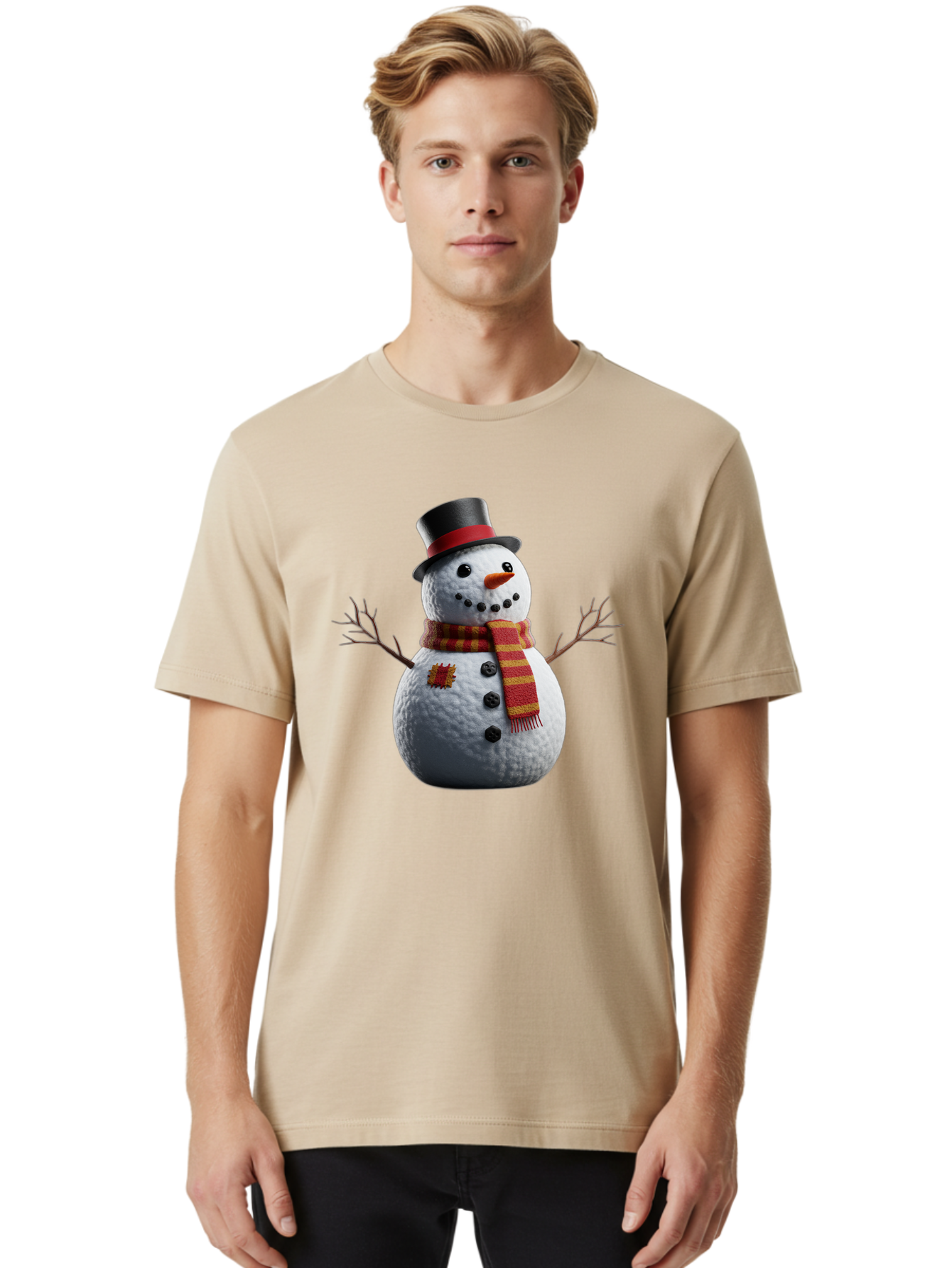 Snowman-In-Top-Hat Men'S Graphic Tee, 100% Cotton, Comfortable Casual Summer Wear, Machine Washable, Snowman With Top Hat, Red And Yellow Striped Scarf, Carrot Nose, Coal Eyes, Festive Winter Character, Winter Holiday Season, Bac443