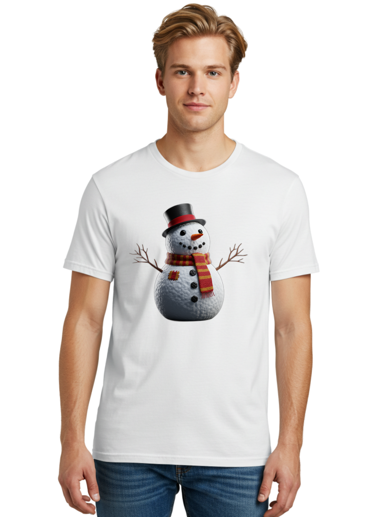 Snowman-In-Top-Hat Men'S Graphic Tee, 100% Cotton, Comfortable Casual Summer Wear, Machine Washable, Snowman With Top Hat, Red And Yellow Striped Scarf, Carrot Nose, Coal Eyes, Festive Winter Character, Winter Holiday Season, Bac443