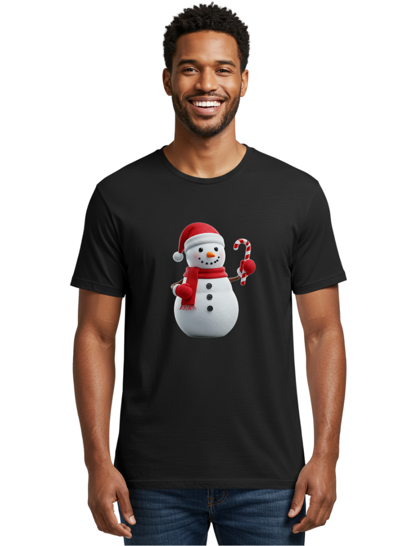 Snowman-With-Santa-Hat Men'S Graphic Tee, 100% Cotton, Comfortable Casual Summer Wear, Machine Washable, Snowman Wearing Red Hat, Red Scarf, Three Black Buttons, Carrot Nose, Holding Candy Cane, Festive Holiday Character, Winter Wonderland, Bac444