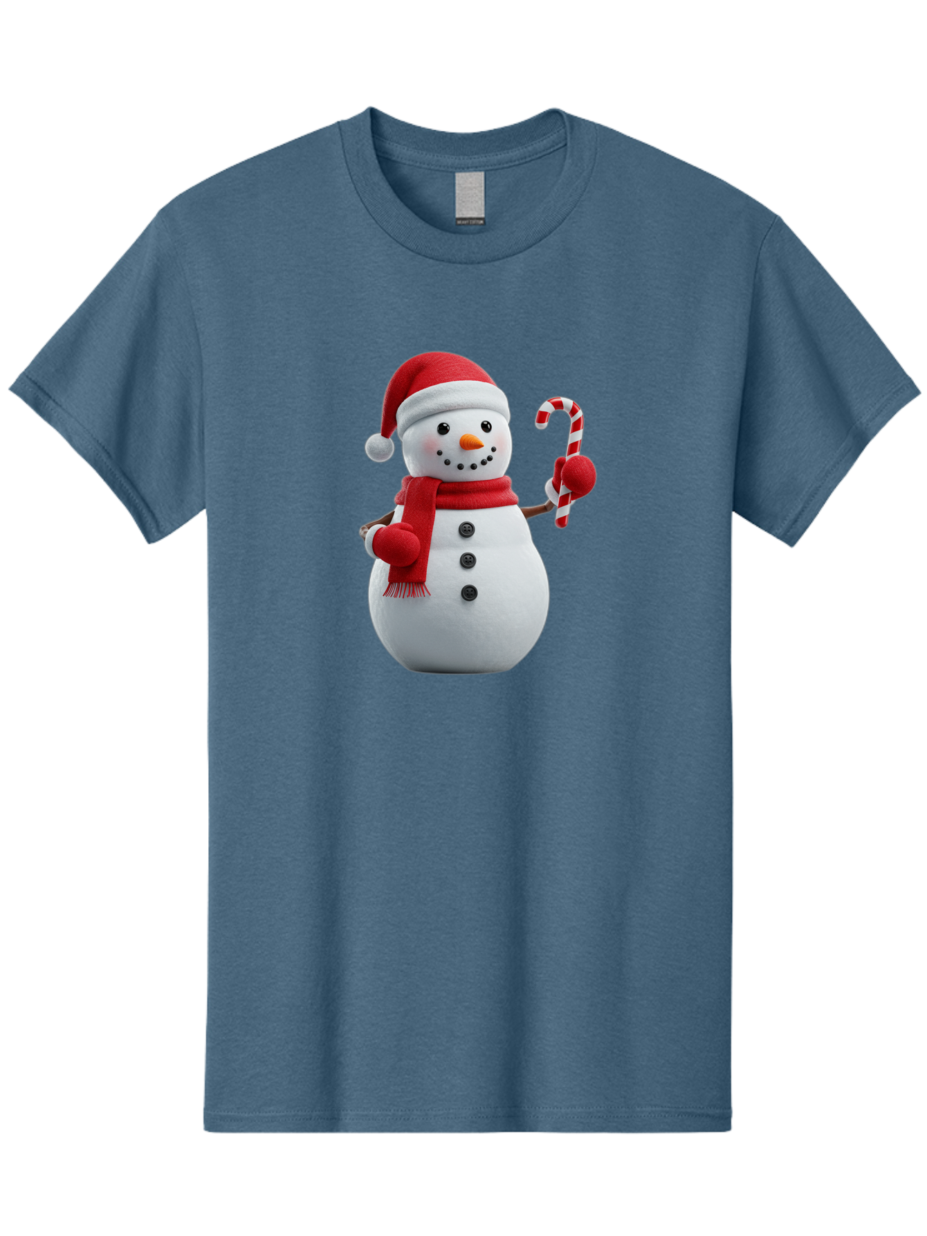 Snowman-With-Santa-Hat Men'S Graphic Tee, 100% Cotton, Comfortable Casual Summer Wear, Machine Washable, Snowman Wearing Red Hat, Red Scarf, Three Black Buttons, Carrot Nose, Holding Candy Cane, Festive Holiday Character, Winter Wonderland, Bac444