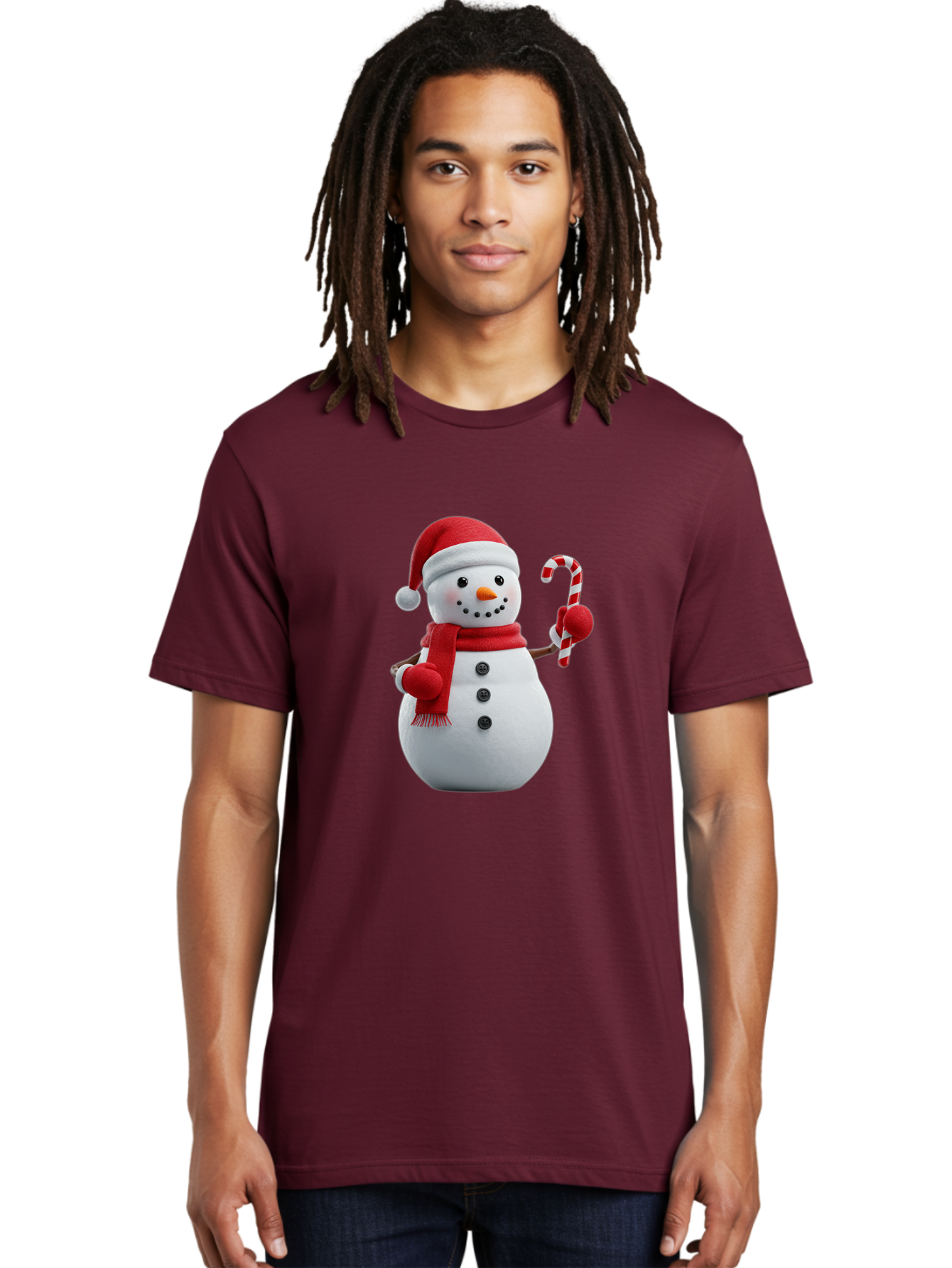 Snowman-With-Santa-Hat Men'S Graphic Tee, 100% Cotton, Comfortable Casual Summer Wear, Machine Washable, Snowman Wearing Red Hat, Red Scarf, Three Black Buttons, Carrot Nose, Holding Candy Cane, Festive Holiday Character, Winter Wonderland, Bac444