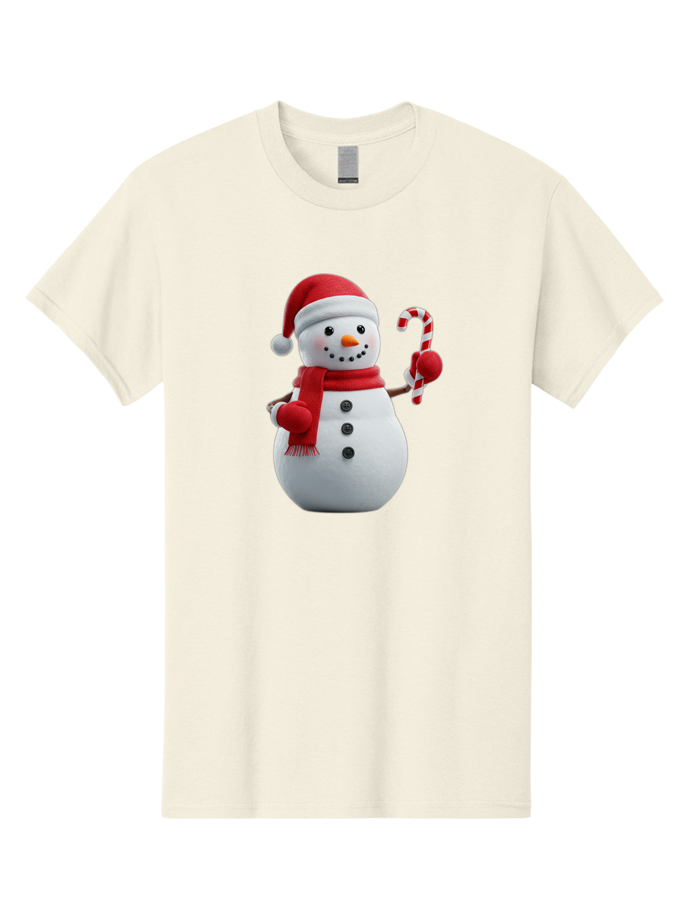 Snowman-With-Santa-Hat Men'S Graphic Tee, 100% Cotton, Comfortable Casual Summer Wear, Machine Washable, Snowman Wearing Red Hat, Red Scarf, Three Black Buttons, Carrot Nose, Holding Candy Cane, Festive Holiday Character, Winter Wonderland, Bac444