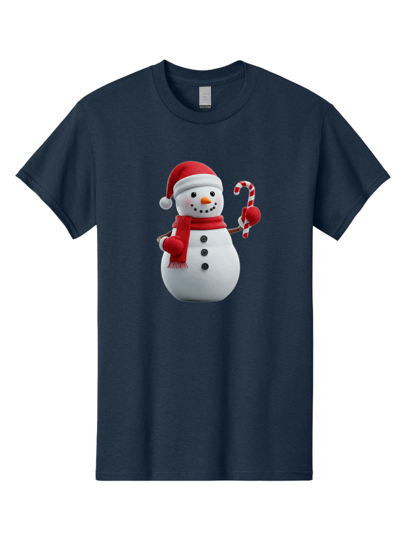 Snowman-With-Santa-Hat Men'S Graphic Tee, 100% Cotton, Comfortable Casual Summer Wear, Machine Washable, Snowman Wearing Red Hat, Red Scarf, Three Black Buttons, Carrot Nose, Holding Candy Cane, Festive Holiday Character, Winter Wonderland, Bac444