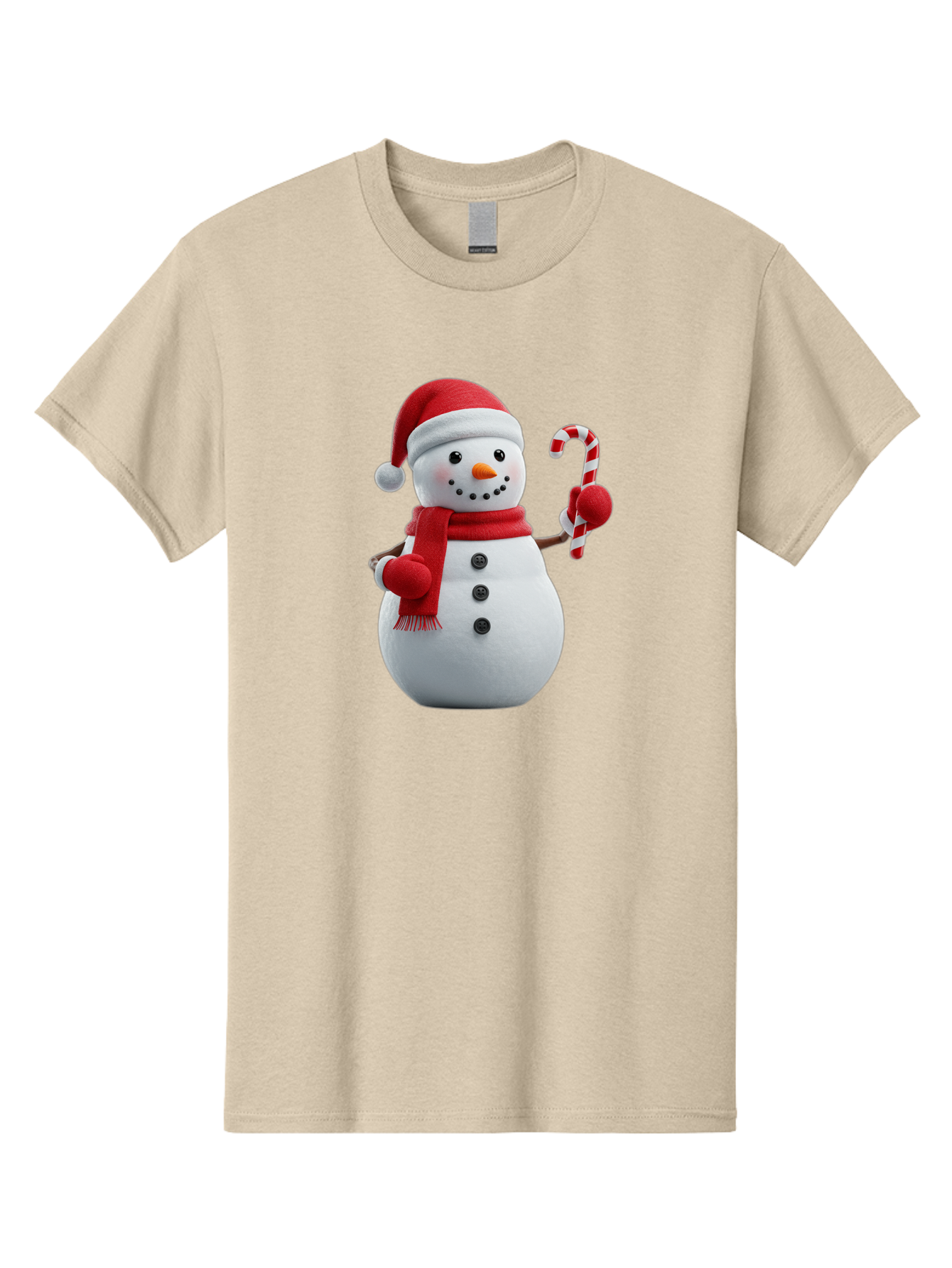 Snowman-With-Santa-Hat Men'S Graphic Tee, 100% Cotton, Comfortable Casual Summer Wear, Machine Washable, Snowman Wearing Red Hat, Red Scarf, Three Black Buttons, Carrot Nose, Holding Candy Cane, Festive Holiday Character, Winter Wonderland, Bac444
