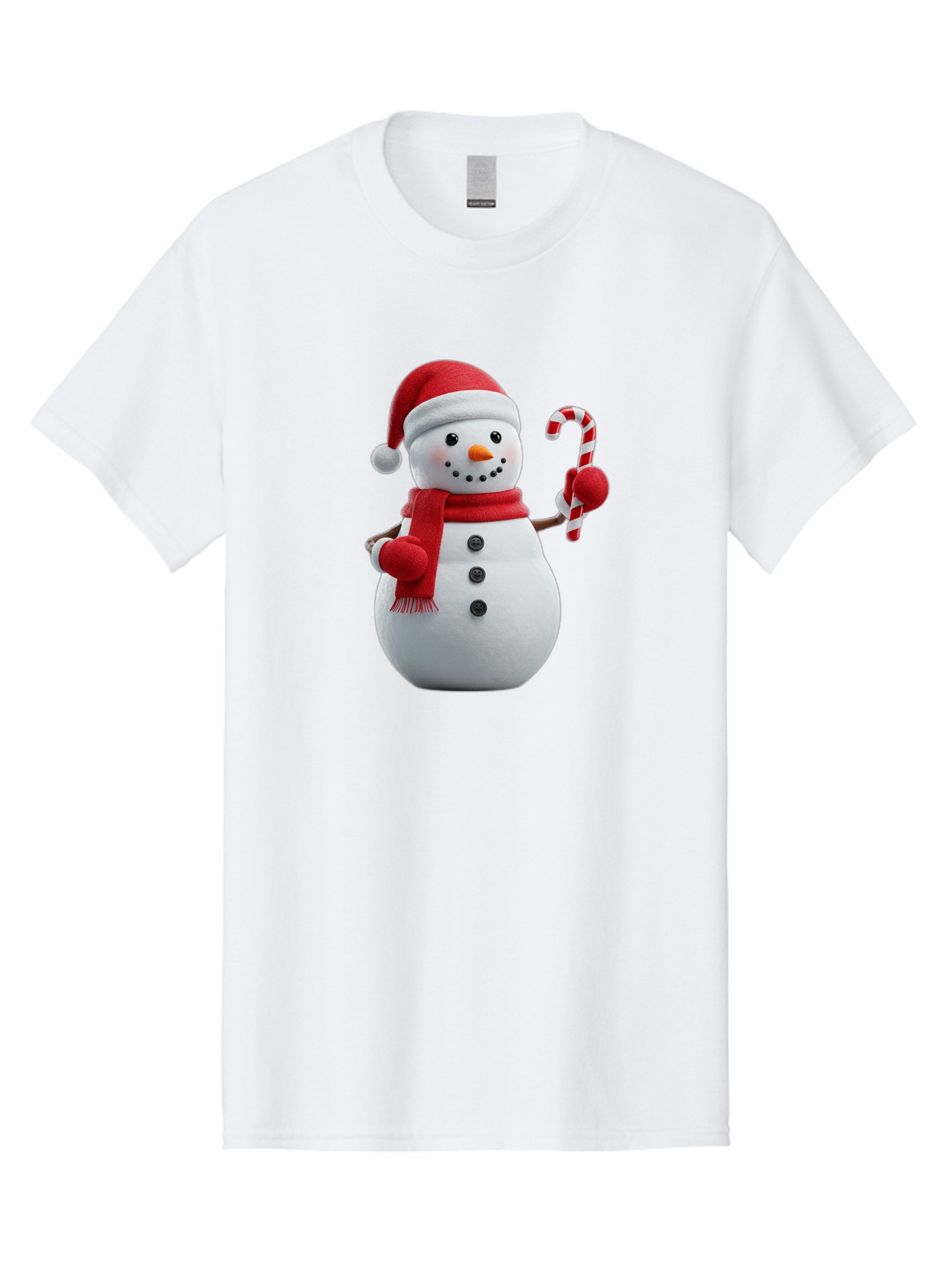 Snowman-With-Santa-Hat Men'S Graphic Tee, 100% Cotton, Comfortable Casual Summer Wear, Machine Washable, Snowman Wearing Red Hat, Red Scarf, Three Black Buttons, Carrot Nose, Holding Candy Cane, Festive Holiday Character, Winter Wonderland, Bac444