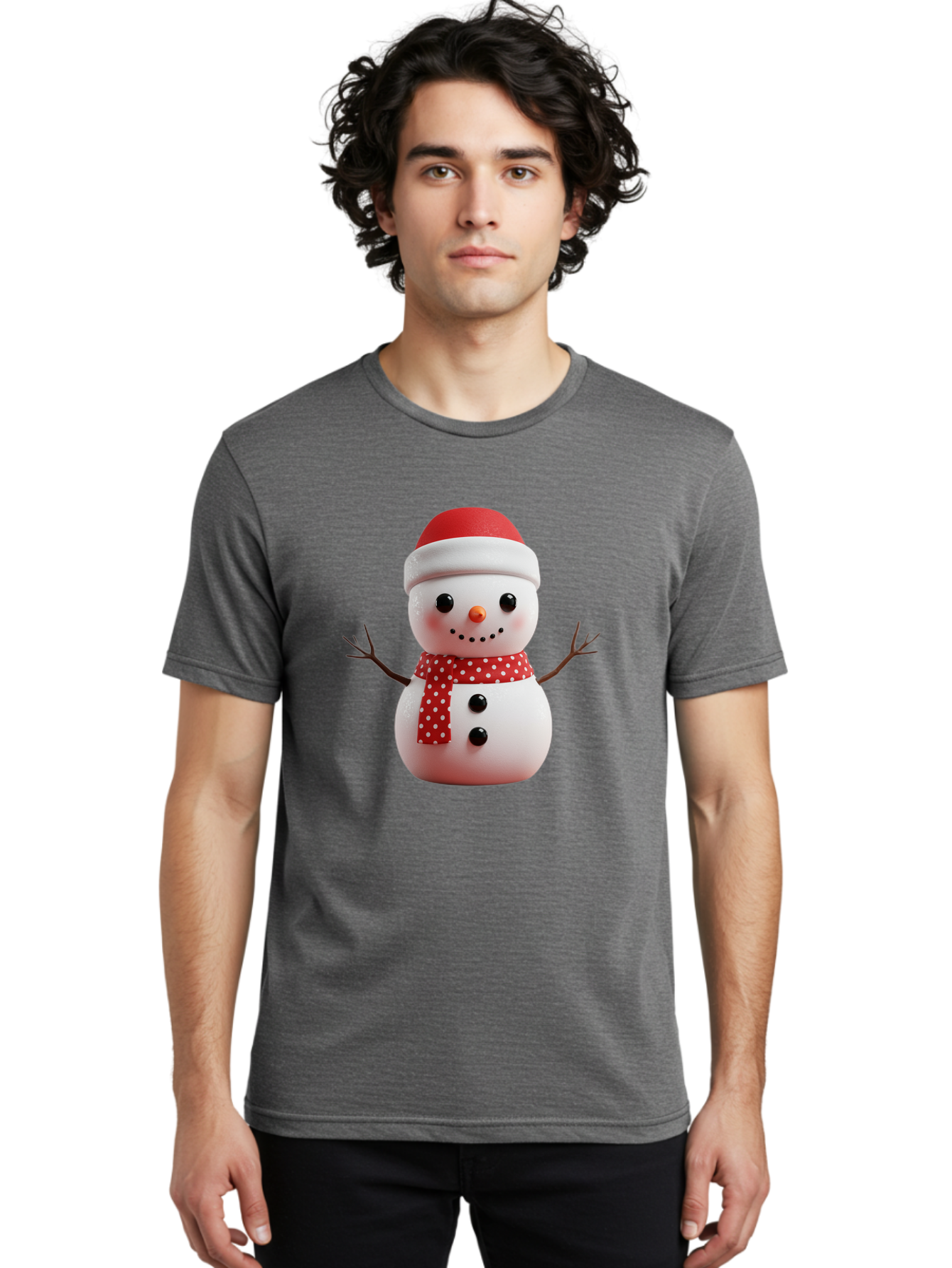Snowman Men'S Graphic Tee, 100% Cotton, Comfortable Casual Summer Wear, Machine Washable, Snowman Figurine, Winter Decoration, Festive Snowman, Holiday Character, Red Scarf, White Polka Dots, Christmas Ornament, Snowman Charm, Bac445