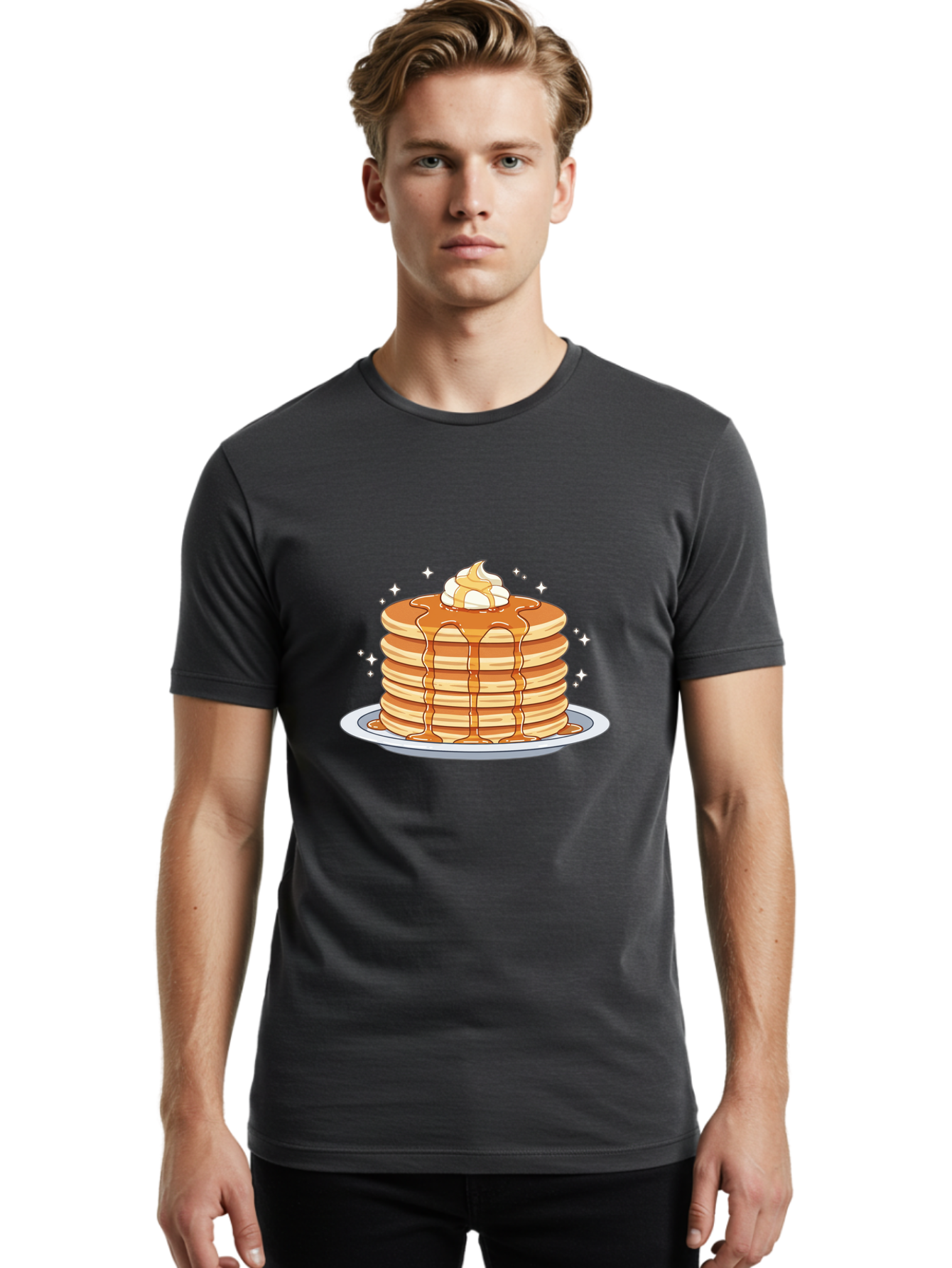 Stack-Of-Pancakes Men'S Graphic Tee, 100% Cotton, Comfortable Casual Summer Wear, Machine Washable, Stacked Pancakes, Whipped Cream Topping, Maple Syrup Dripping, Sweet Breakfast, Fluffy Pancakes, Breakfast Treat, Morning Meal, Bac446