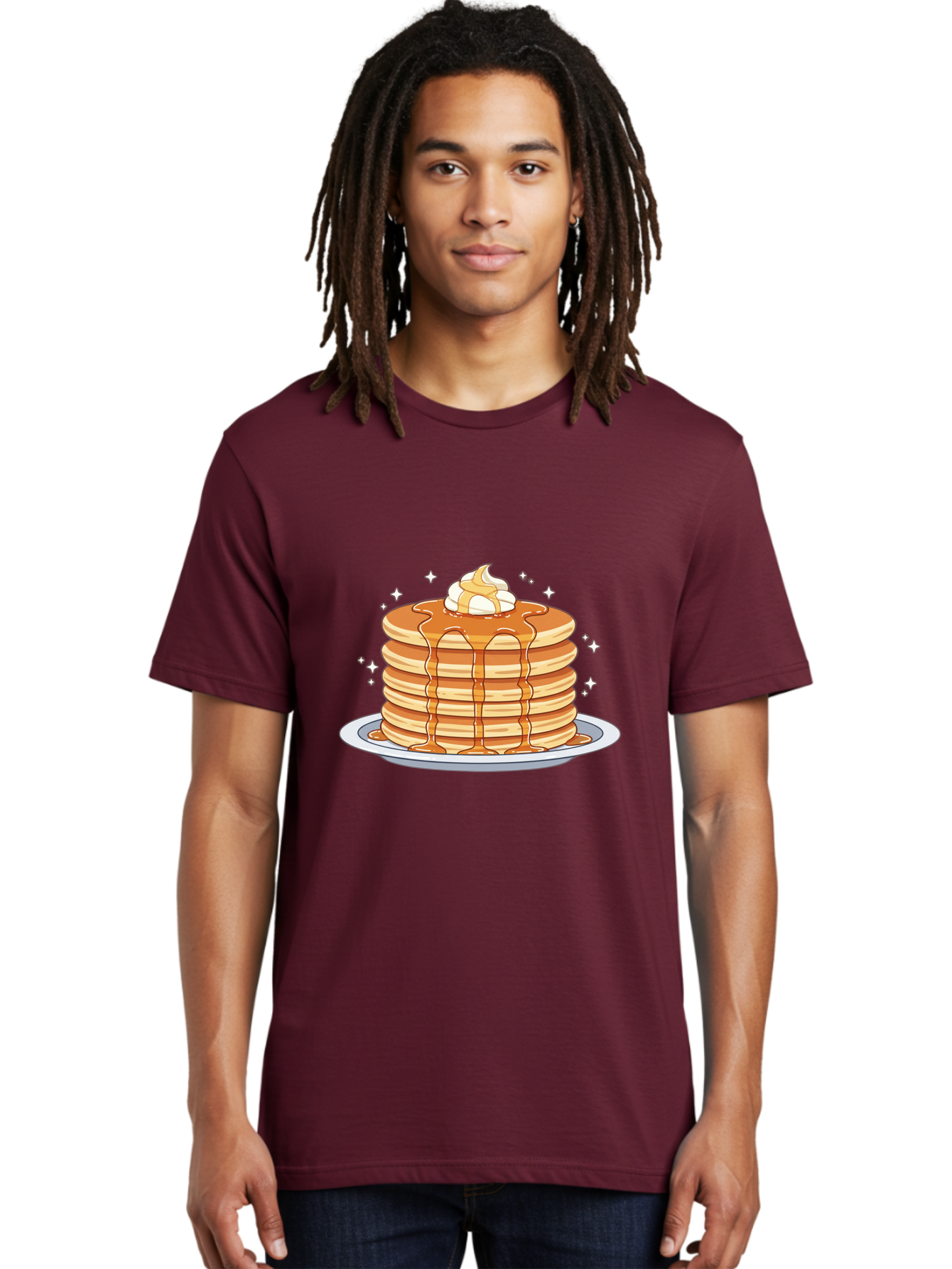 Stack-Of-Pancakes Men'S Graphic Tee, 100% Cotton, Comfortable Casual Summer Wear, Machine Washable, Stacked Pancakes, Whipped Cream Topping, Maple Syrup Dripping, Sweet Breakfast, Fluffy Pancakes, Breakfast Treat, Morning Meal, Bac446