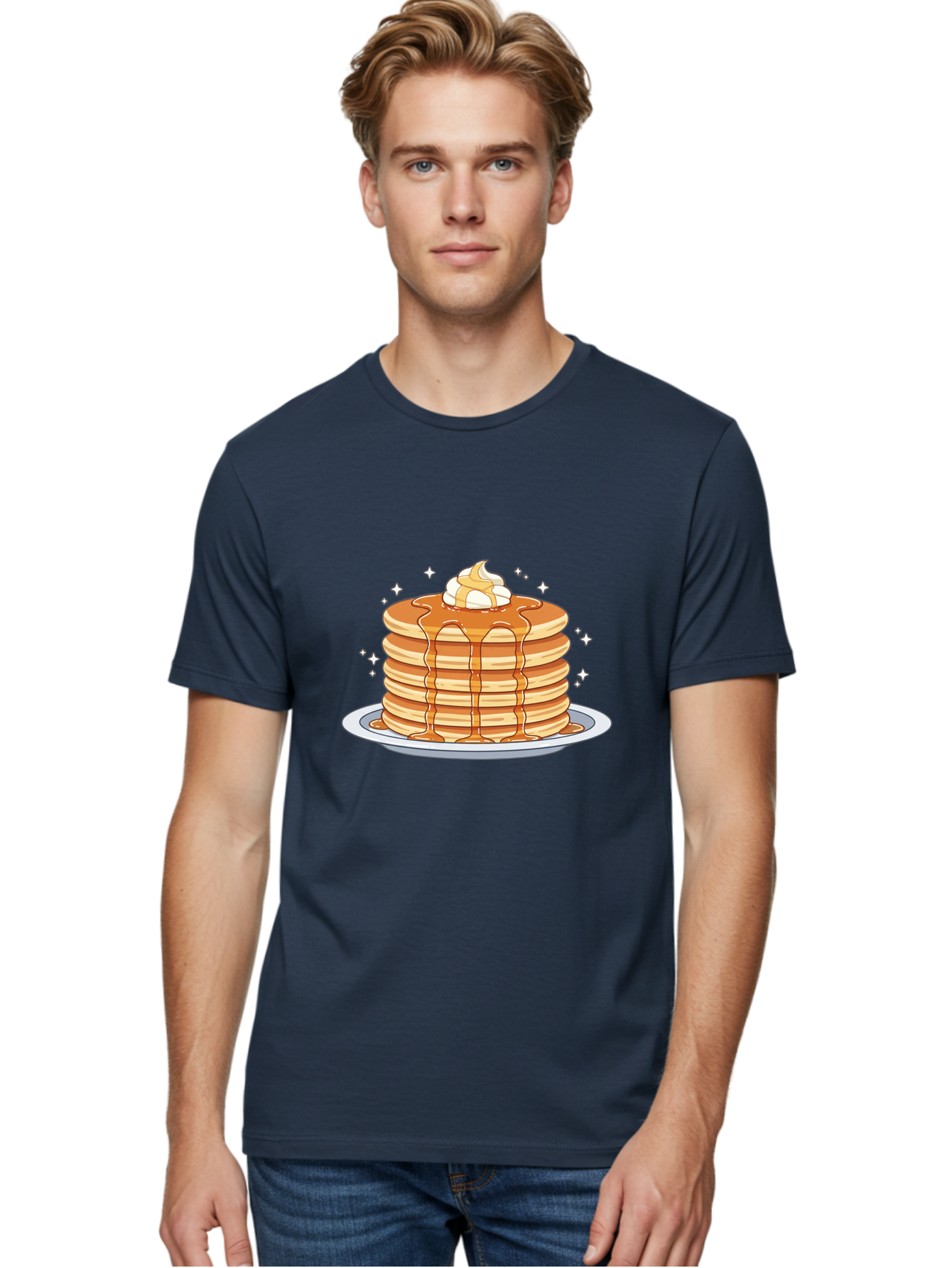 Stack-Of-Pancakes Men'S Graphic Tee, 100% Cotton, Comfortable Casual Summer Wear, Machine Washable, Stacked Pancakes, Whipped Cream Topping, Maple Syrup Dripping, Sweet Breakfast, Fluffy Pancakes, Breakfast Treat, Morning Meal, Bac446