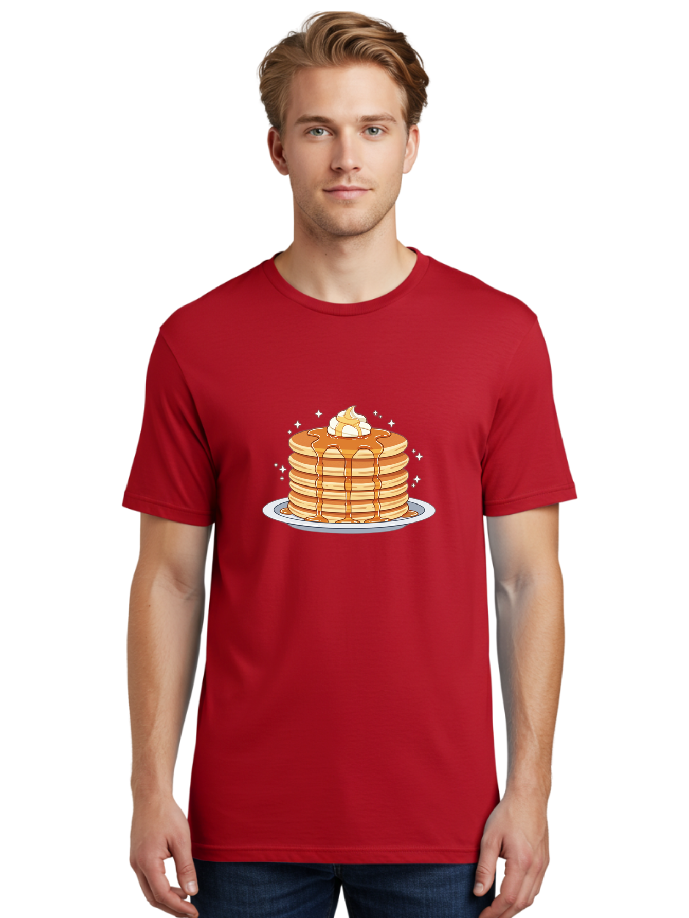Stack-Of-Pancakes Men'S Graphic Tee, 100% Cotton, Comfortable Casual Summer Wear, Machine Washable, Stacked Pancakes, Whipped Cream Topping, Maple Syrup Dripping, Sweet Breakfast, Fluffy Pancakes, Breakfast Treat, Morning Meal, Bac446