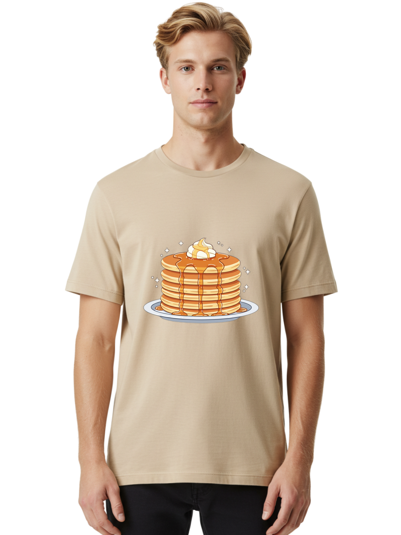 Stack-Of-Pancakes Men'S Graphic Tee, 100% Cotton, Comfortable Casual Summer Wear, Machine Washable, Stacked Pancakes, Whipped Cream Topping, Maple Syrup Dripping, Sweet Breakfast, Fluffy Pancakes, Breakfast Treat, Morning Meal, Bac446