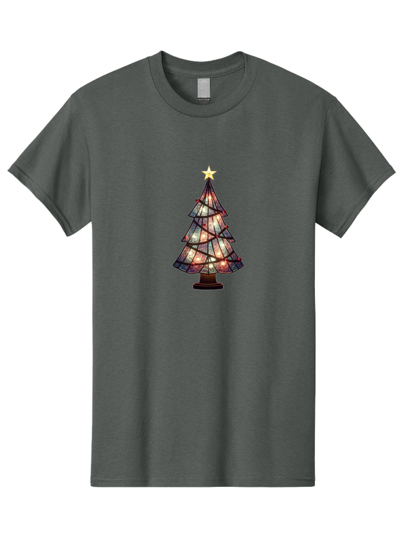 Stained-Glass-Christmas-Tree Men'S Graphic Tee, 100% Cotton, Comfortable Casual Summer Wear, Machine Washable, Stained Glass, Christmas Tree, Festive Decor, Holiday Decoration, Christmas Lights, Star Topper, Holiday Ambiance, Colorful Tree, Bac447
