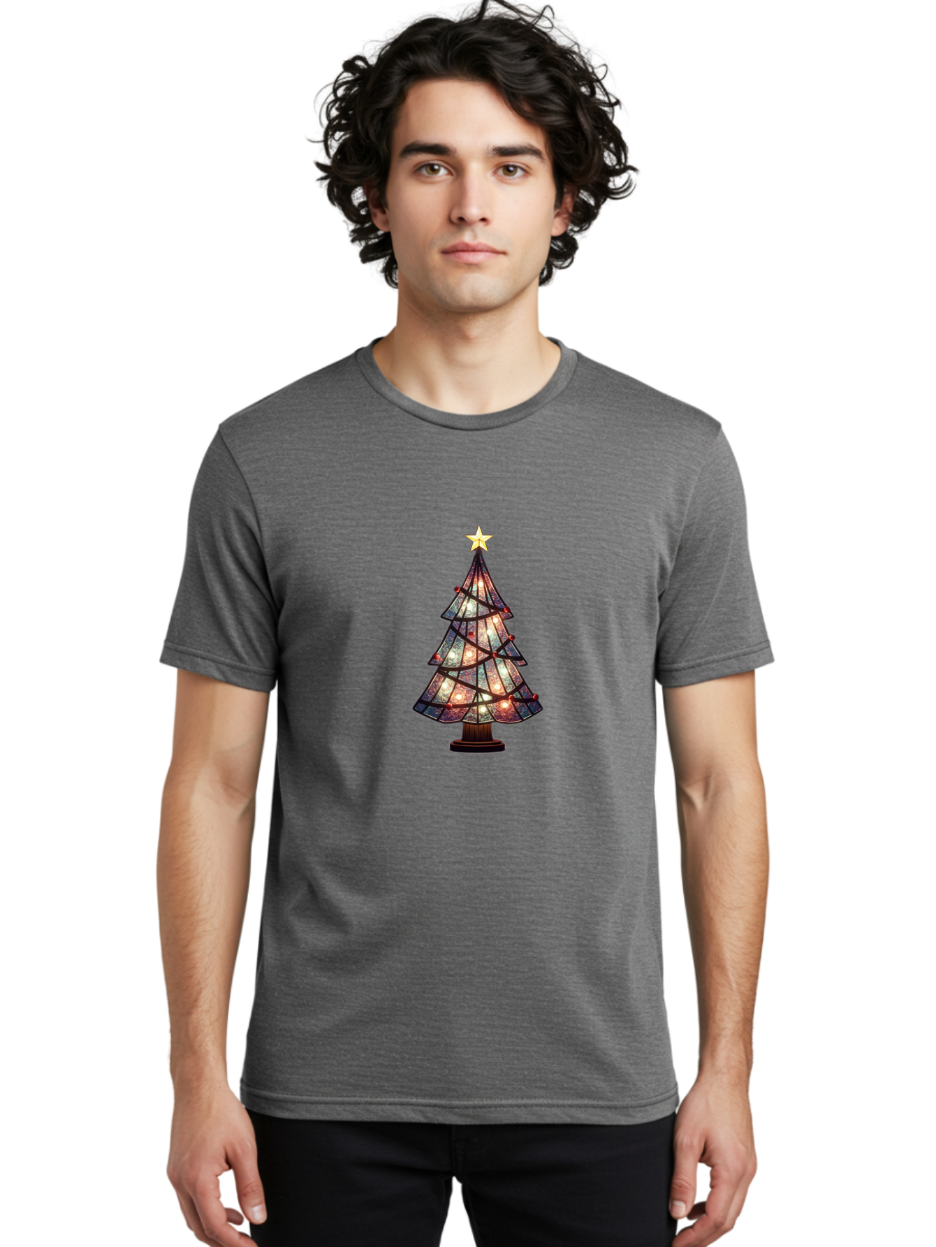 Stained-Glass-Christmas-Tree Men'S Graphic Tee, 100% Cotton, Comfortable Casual Summer Wear, Machine Washable, Stained Glass, Christmas Tree, Festive Decor, Holiday Decoration, Christmas Lights, Star Topper, Holiday Ambiance, Colorful Tree, Bac447