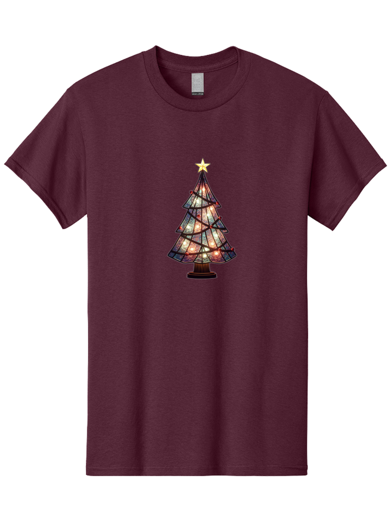 Stained-Glass-Christmas-Tree Men'S Graphic Tee, 100% Cotton, Comfortable Casual Summer Wear, Machine Washable, Stained Glass, Christmas Tree, Festive Decor, Holiday Decoration, Christmas Lights, Star Topper, Holiday Ambiance, Colorful Tree, Bac447