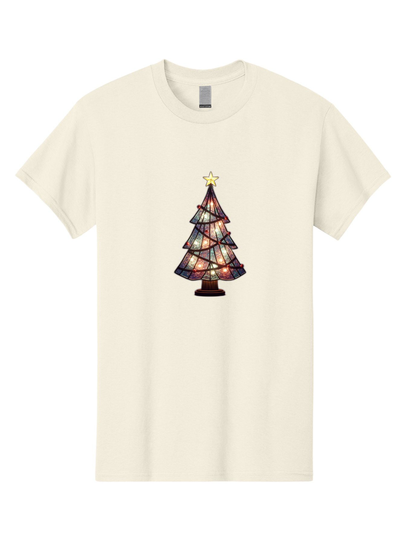 Stained-Glass-Christmas-Tree Men'S Graphic Tee, 100% Cotton, Comfortable Casual Summer Wear, Machine Washable, Stained Glass, Christmas Tree, Festive Decor, Holiday Decoration, Christmas Lights, Star Topper, Holiday Ambiance, Colorful Tree, Bac447