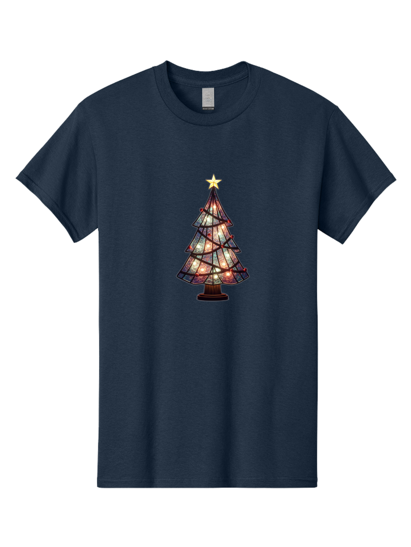 Stained-Glass-Christmas-Tree Men'S Graphic Tee, 100% Cotton, Comfortable Casual Summer Wear, Machine Washable, Stained Glass, Christmas Tree, Festive Decor, Holiday Decoration, Christmas Lights, Star Topper, Holiday Ambiance, Colorful Tree, Bac447