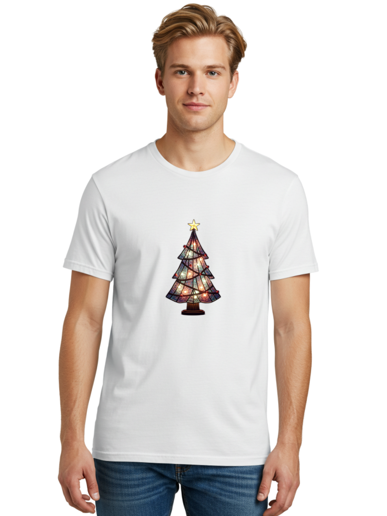 Stained-Glass-Christmas-Tree Men'S Graphic Tee, 100% Cotton, Comfortable Casual Summer Wear, Machine Washable, Stained Glass, Christmas Tree, Festive Decor, Holiday Decoration, Christmas Lights, Star Topper, Holiday Ambiance, Colorful Tree, Bac447