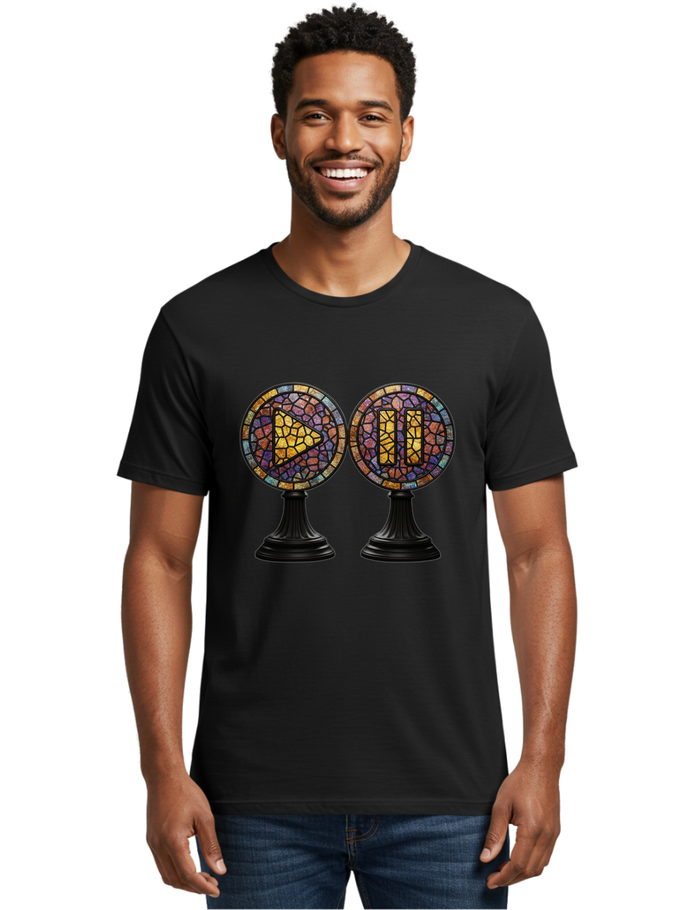 Stained-Glass-Play-And-Pause-Buttons Men'S Graphic Tee, 100% Cotton, Comfortable Casual Summer Wear, Machine Washable, Mosaic Art, Play And Pause Buttons, Media Controls, Stained Glass Design, Colorful Tiles, Black Pedestals, Bac448