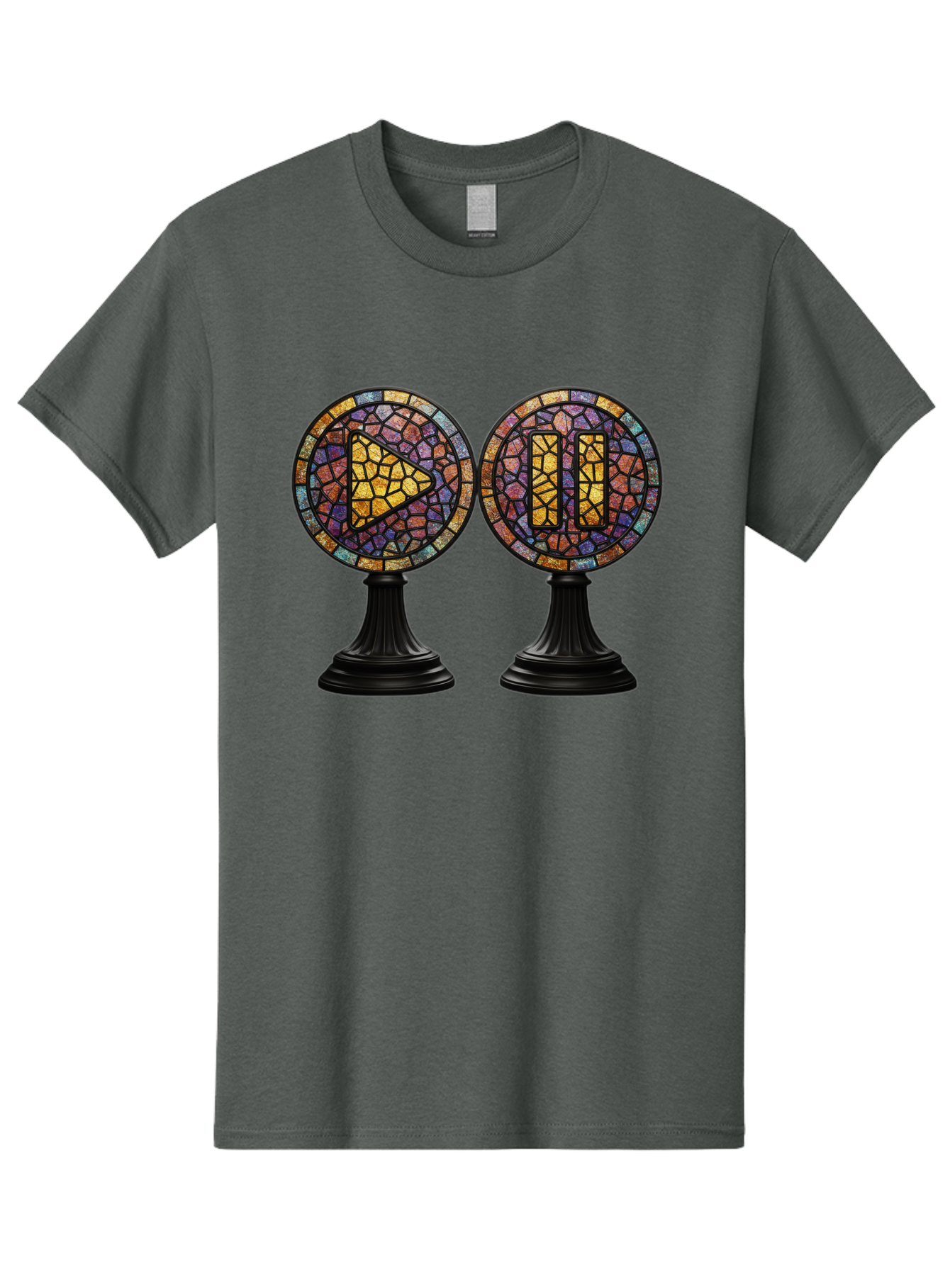 Stained-Glass-Play-And-Pause-Buttons Men'S Graphic Tee, 100% Cotton, Comfortable Casual Summer Wear, Machine Washable, Mosaic Art, Play And Pause Buttons, Media Controls, Stained Glass Design, Colorful Tiles, Black Pedestals, Bac448