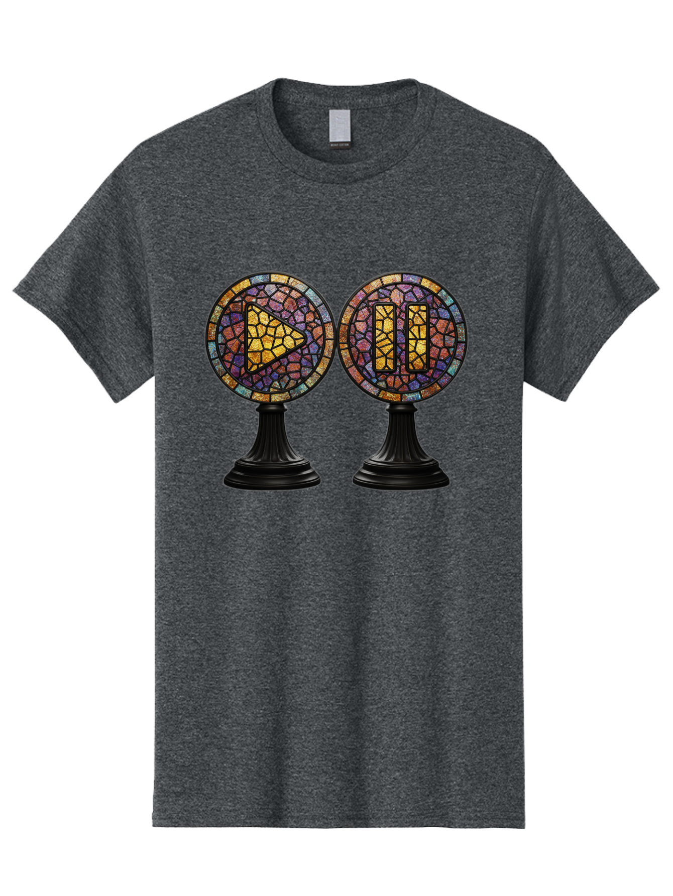 Stained-Glass-Play-And-Pause-Buttons Men'S Graphic Tee, 100% Cotton, Comfortable Casual Summer Wear, Machine Washable, Mosaic Art, Play And Pause Buttons, Media Controls, Stained Glass Design, Colorful Tiles, Black Pedestals, Bac448