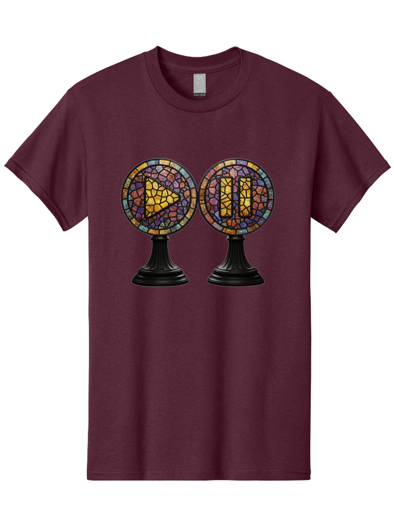 Stained-Glass-Play-And-Pause-Buttons Men'S Graphic Tee, 100% Cotton, Comfortable Casual Summer Wear, Machine Washable, Mosaic Art, Play And Pause Buttons, Media Controls, Stained Glass Design, Colorful Tiles, Black Pedestals, Bac448