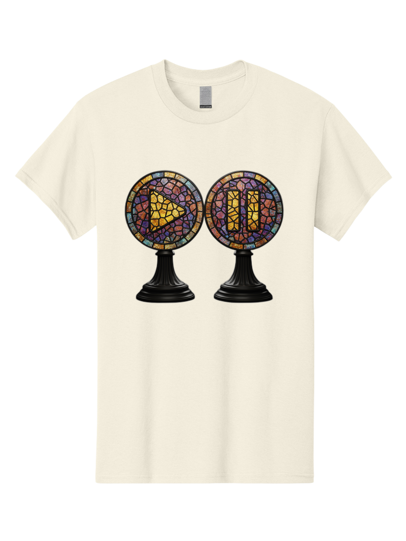 Stained-Glass-Play-And-Pause-Buttons Men'S Graphic Tee, 100% Cotton, Comfortable Casual Summer Wear, Machine Washable, Mosaic Art, Play And Pause Buttons, Media Controls, Stained Glass Design, Colorful Tiles, Black Pedestals, Bac448