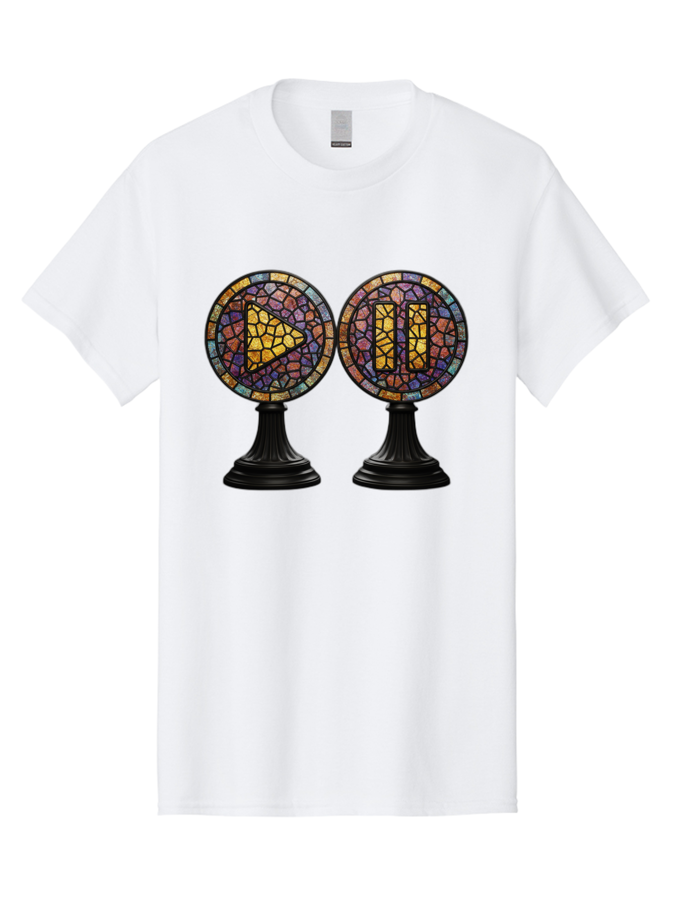 Stained-Glass-Play-And-Pause-Buttons Men'S Graphic Tee, 100% Cotton, Comfortable Casual Summer Wear, Machine Washable, Mosaic Art, Play And Pause Buttons, Media Controls, Stained Glass Design, Colorful Tiles, Black Pedestals, Bac448