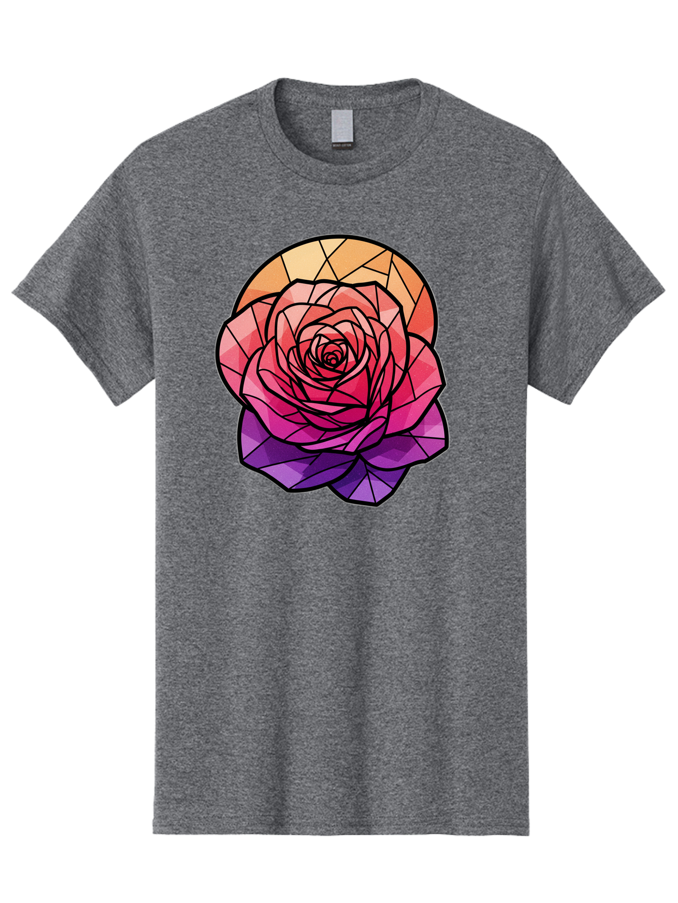 Stained-Glass-Rose Men'S Graphic Tee, 100% Cotton, Comfortable Casual Summer Wear, Machine Washable, Stained Glass Rose, Mosaic Art, Colorful Flowers, Floral Designs, Pink And Purple Hues, Vibrant Petals, Black Outlines, Geometric Patterns, Bac449