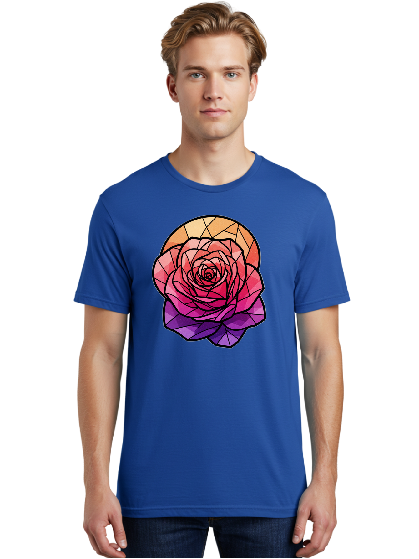 Stained-Glass-Rose Men'S Graphic Tee, 100% Cotton, Comfortable Casual Summer Wear, Machine Washable, Stained Glass Rose, Mosaic Art, Colorful Flowers, Floral Designs, Pink And Purple Hues, Vibrant Petals, Black Outlines, Geometric Patterns, Bac449