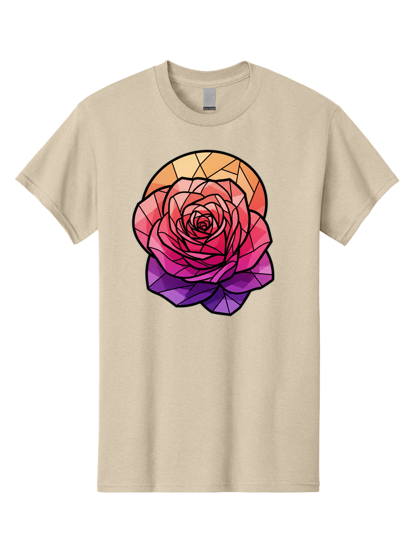 Stained-Glass-Rose Men'S Graphic Tee, 100% Cotton, Comfortable Casual Summer Wear, Machine Washable, Stained Glass Rose, Mosaic Art, Colorful Flowers, Floral Designs, Pink And Purple Hues, Vibrant Petals, Black Outlines, Geometric Patterns, Bac449
