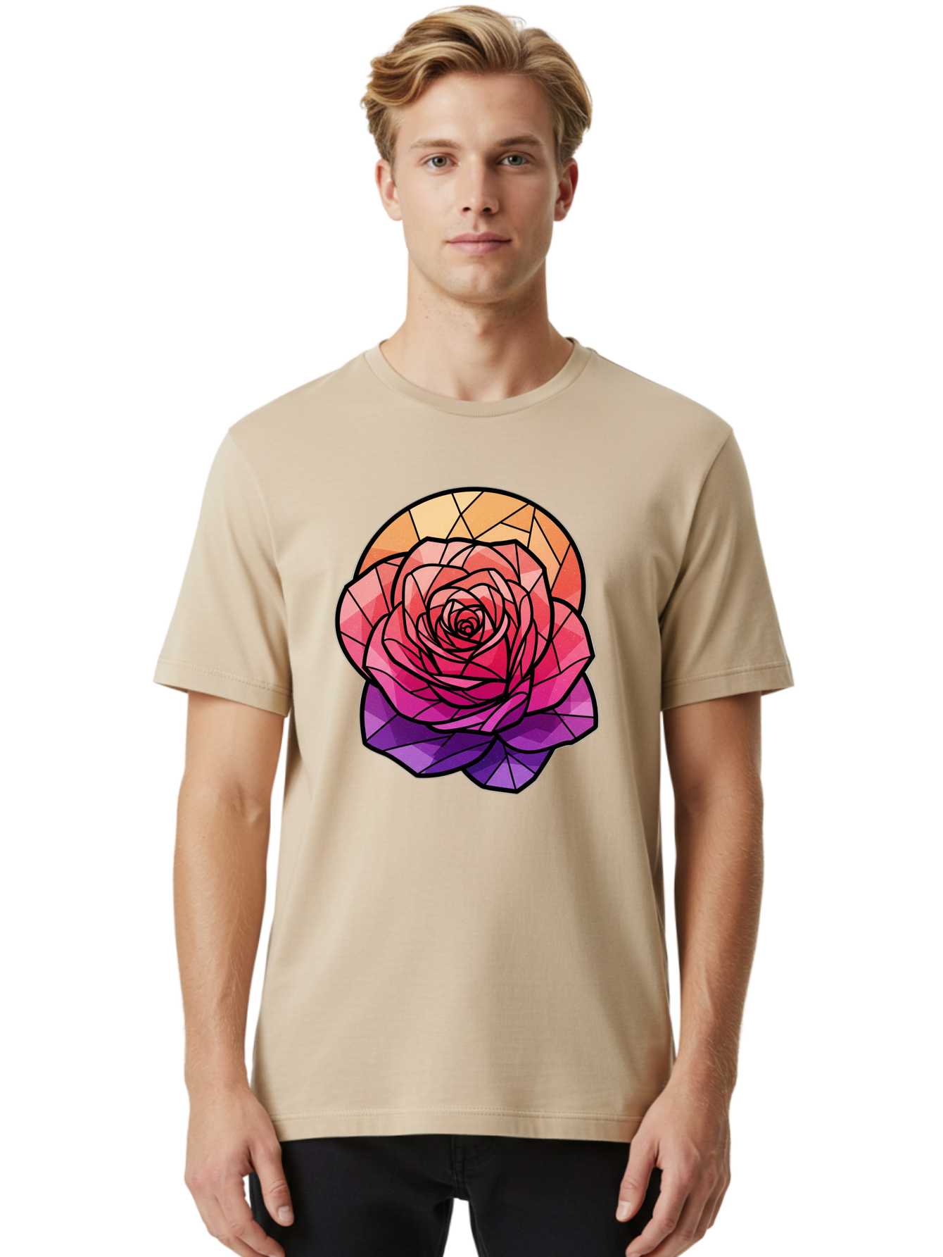 Stained-Glass-Rose Men'S Graphic Tee, 100% Cotton, Comfortable Casual Summer Wear, Machine Washable, Stained Glass Rose, Mosaic Art, Colorful Flowers, Floral Designs, Pink And Purple Hues, Vibrant Petals, Black Outlines, Geometric Patterns, Bac449