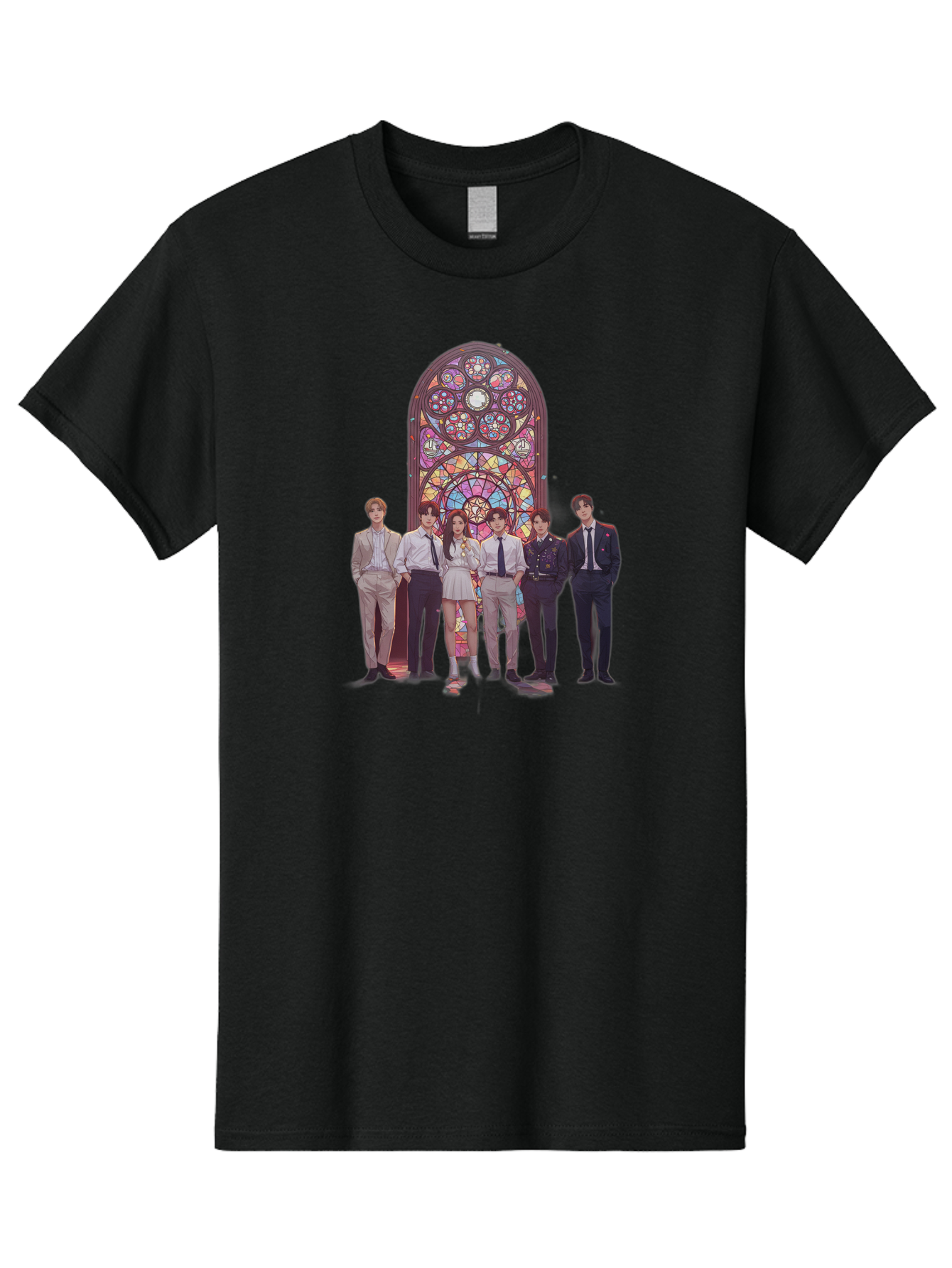 Stained-Glass-Window Men'S Graphic Tee, 100% Cotton, Comfortable Casual Summer Wear, Machine Washable, K-Pop Group, Stained Glass Window, Formal Attire, Black Ties, White Shirts, Vibrant Colors, Stained Glass Art, K-Pop Fashion, Bac450