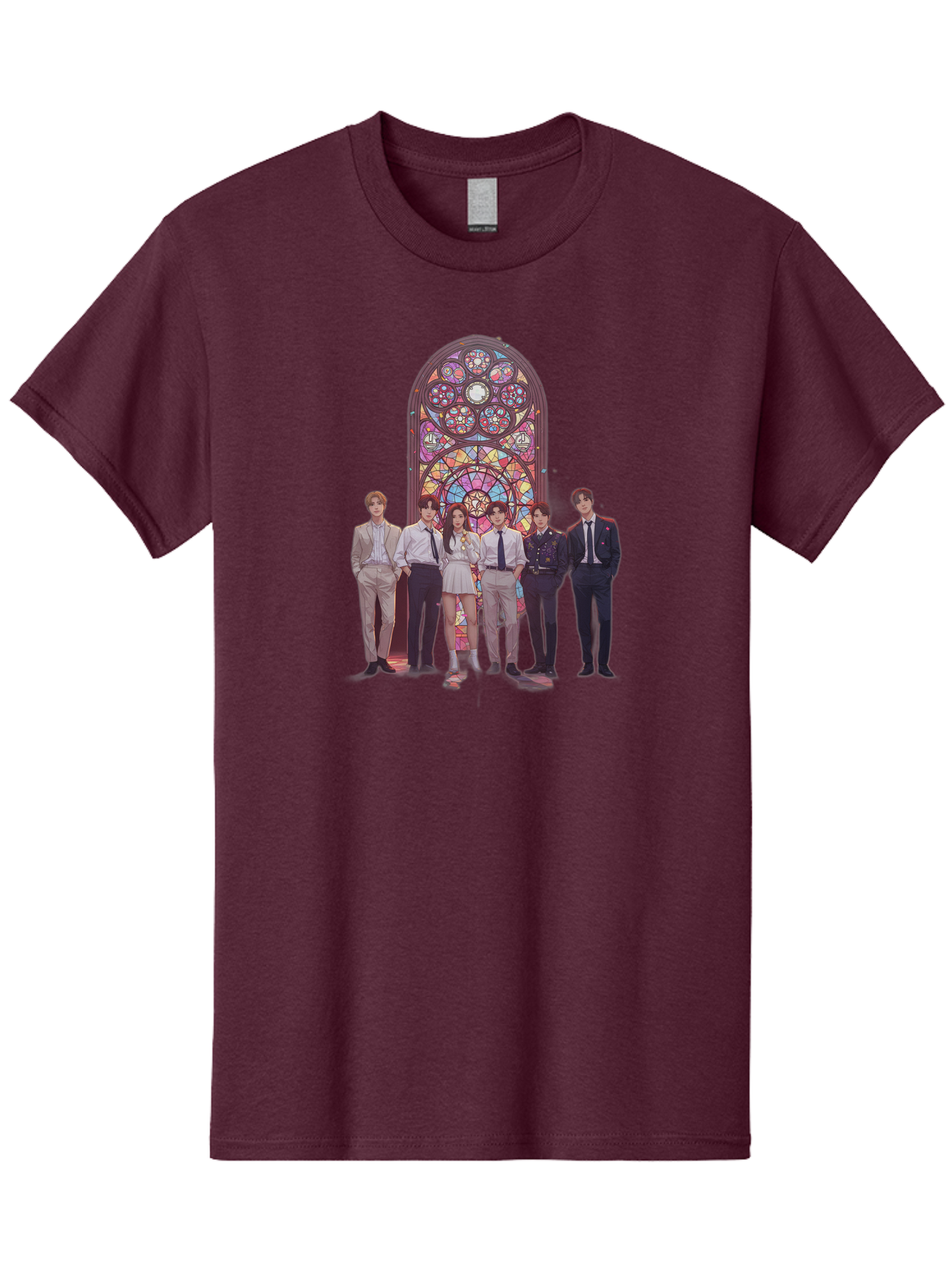 Stained-Glass-Window Men'S Graphic Tee, 100% Cotton, Comfortable Casual Summer Wear, Machine Washable, K-Pop Group, Stained Glass Window, Formal Attire, Black Ties, White Shirts, Vibrant Colors, Stained Glass Art, K-Pop Fashion, Bac450