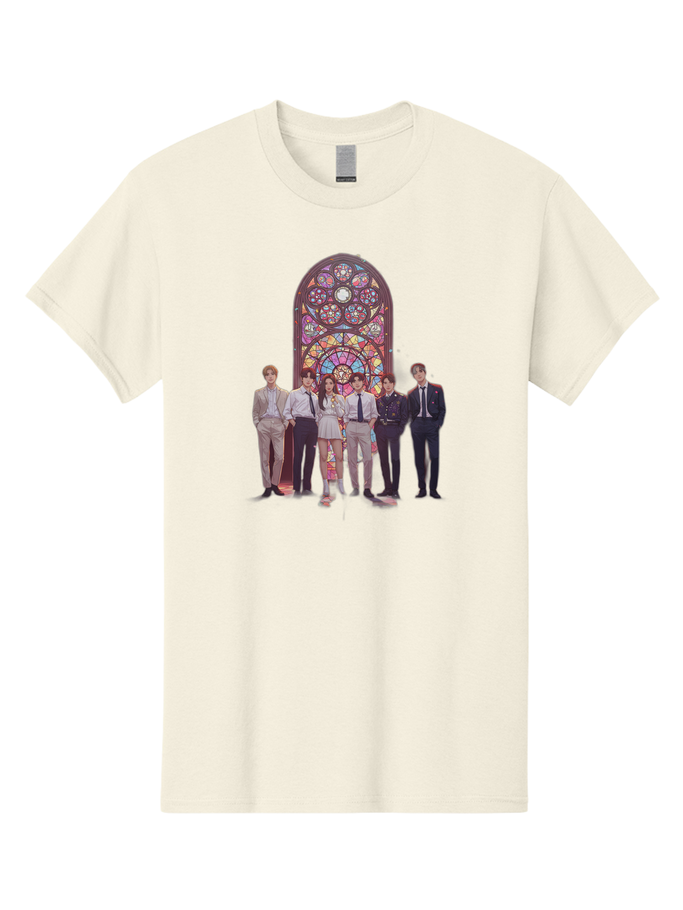 Stained-Glass-Window Men'S Graphic Tee, 100% Cotton, Comfortable Casual Summer Wear, Machine Washable, K-Pop Group, Stained Glass Window, Formal Attire, Black Ties, White Shirts, Vibrant Colors, Stained Glass Art, K-Pop Fashion, Bac450