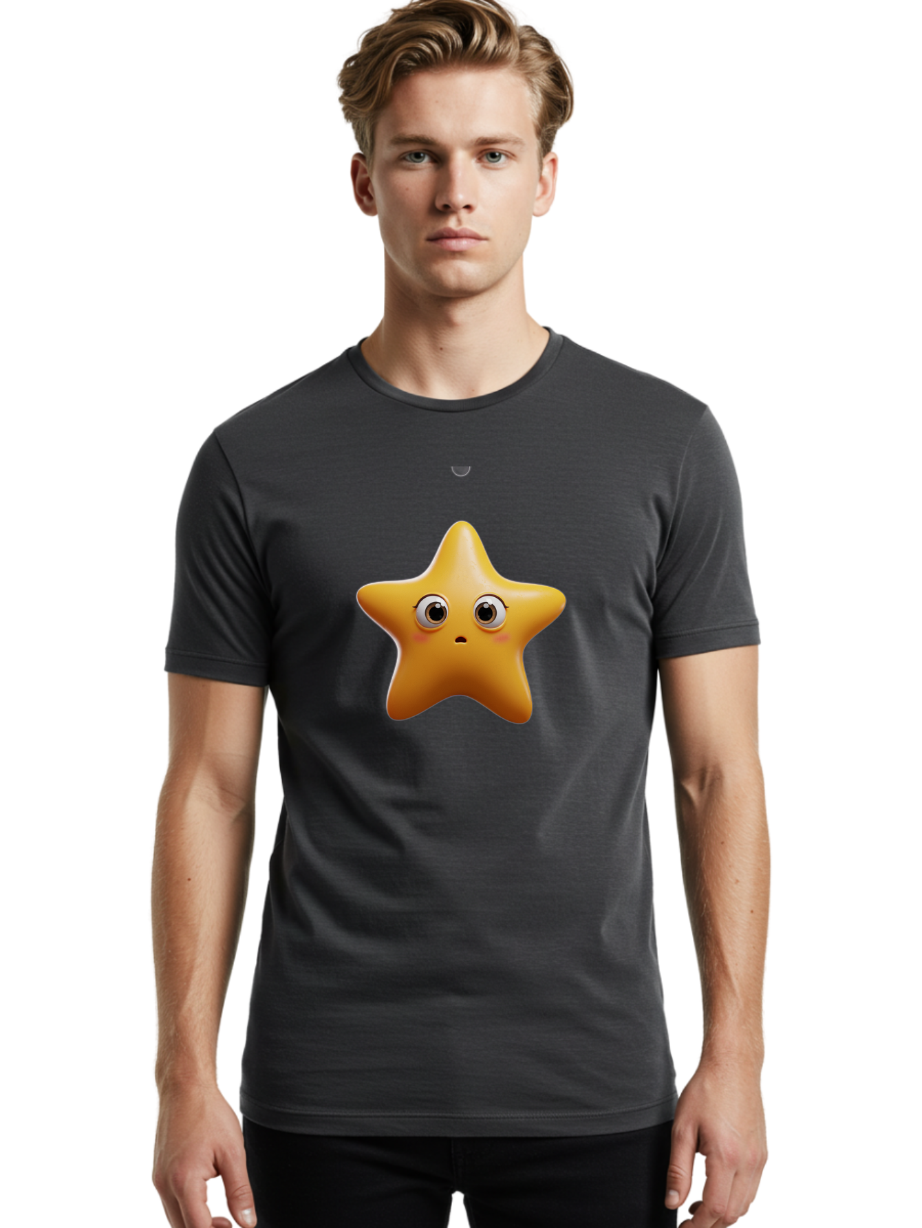 Star-Emoji Men'S Graphic Tee, 100% Cotton, Comfortable Casual Summer Wear, Machine Washable, Cartoon Star, Cute Expression, Surprised Face, Shiny Star, 3D Illustration, Yellow Star, Emoji Character, Surprised Emoji Bac451