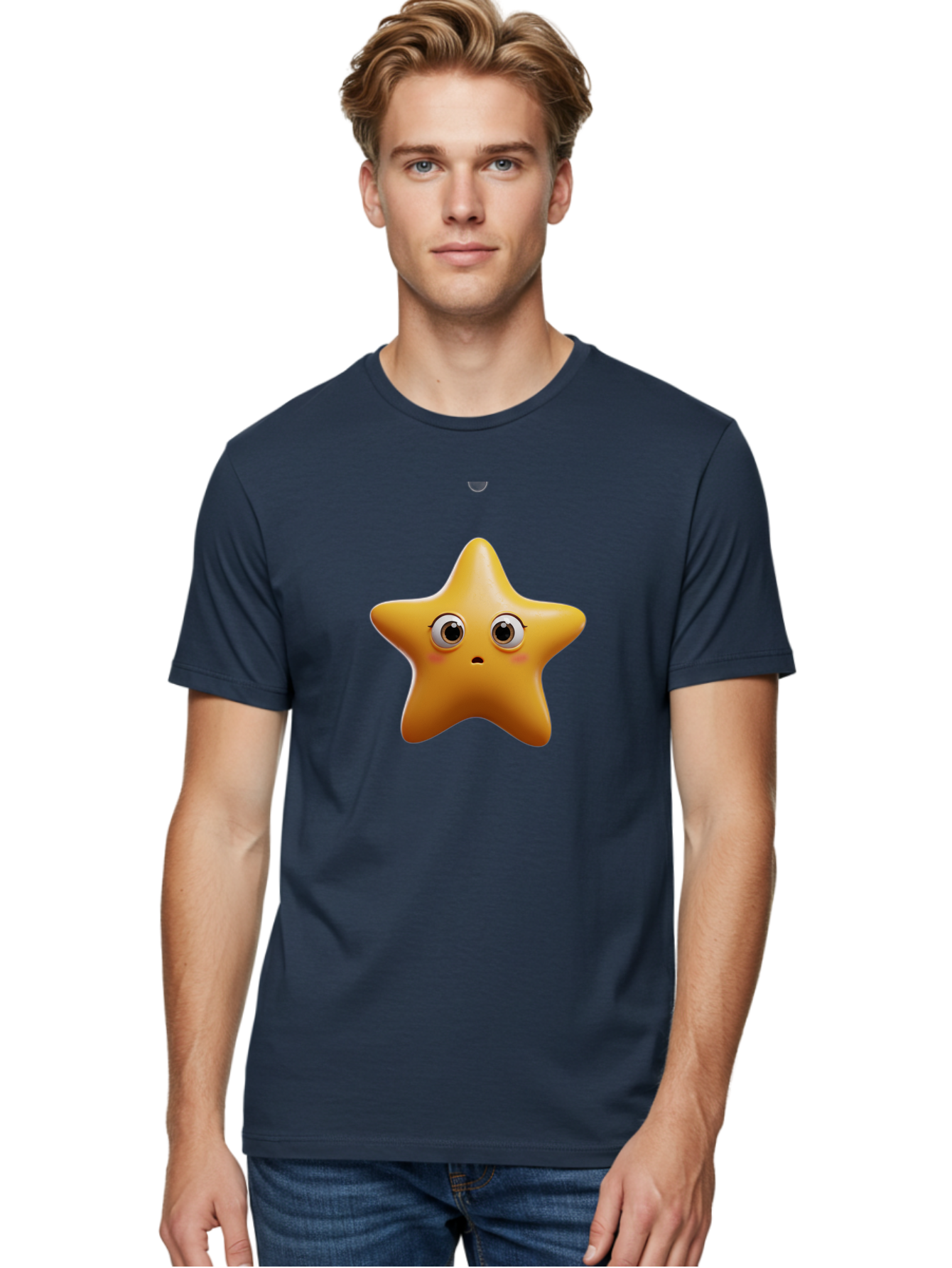 Star-Emoji Men'S Graphic Tee, 100% Cotton, Comfortable Casual Summer Wear, Machine Washable, Cartoon Star, Cute Expression, Surprised Face, Shiny Star, 3D Illustration, Yellow Star, Emoji Character, Surprised Emoji Bac451