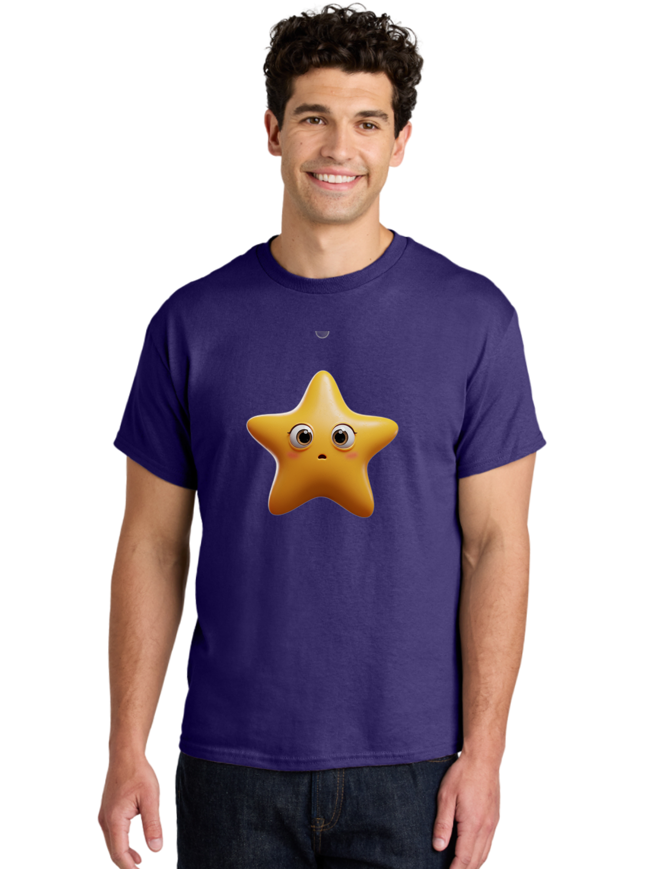 Star-Emoji Men'S Graphic Tee, 100% Cotton, Comfortable Casual Summer Wear, Machine Washable, Cartoon Star, Cute Expression, Surprised Face, Shiny Star, 3D Illustration, Yellow Star, Emoji Character, Surprised Emoji Bac451