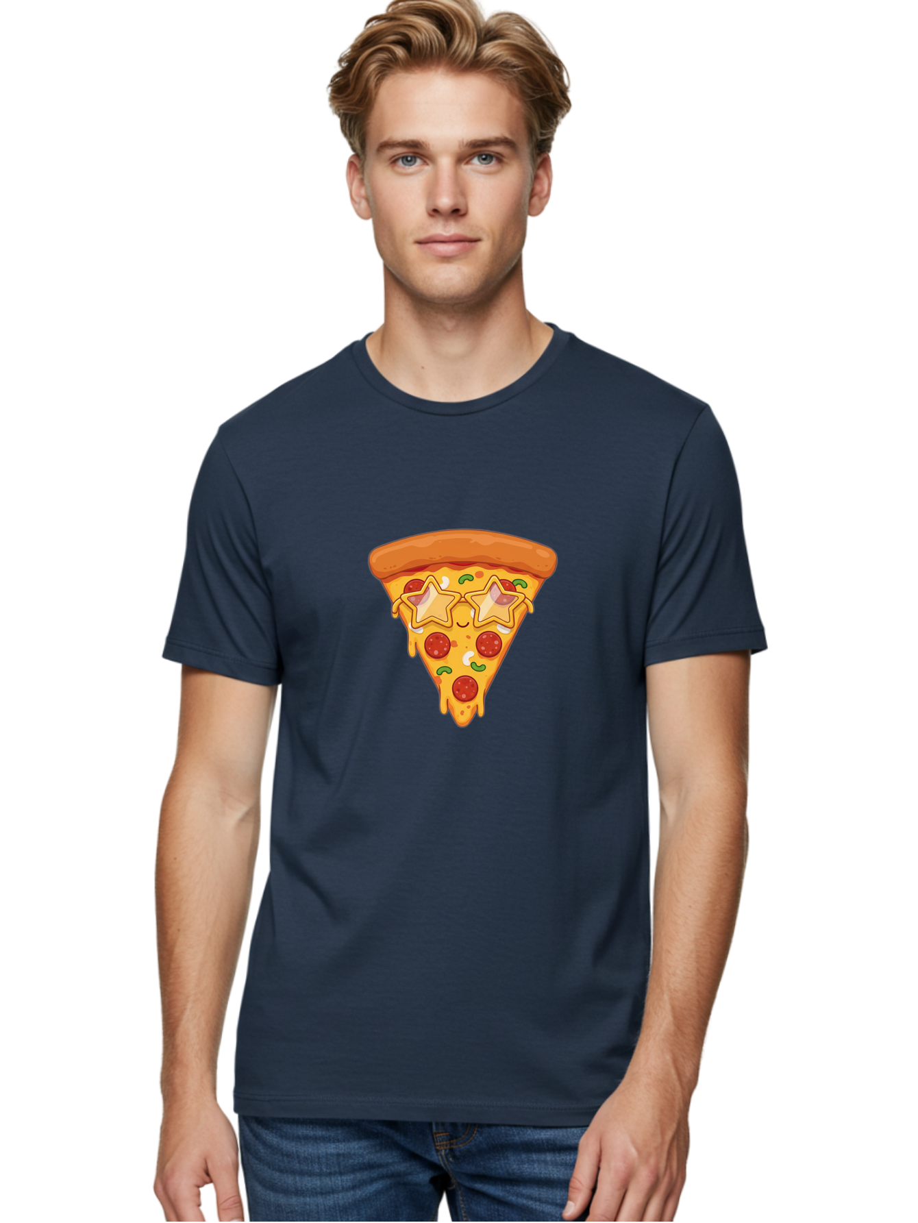 Star-Pizza-Slice Men'S Graphic Tee, 100% Cotton, Comfortable Casual Summer Wear, Machine Washable, Pizza Slice, Melted Cheese, Pepperoni Pizza, Star-Shaped Toppings, Cartoon-Style Pizza, Cheesy Goodness, Savory Delight, Pizza Love, Foodie Fun, Bac452