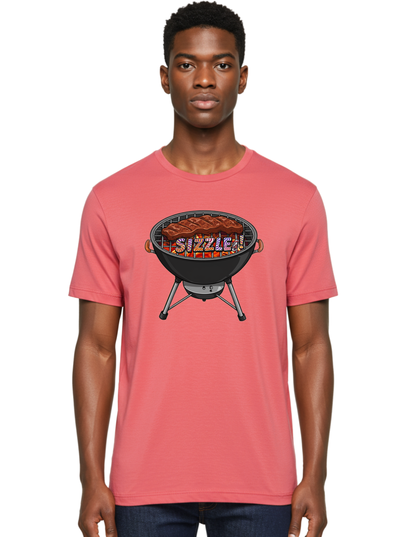 Steak-On-The-Grill Men'S Graphic Tee, 100% Cotton, Comfortable Casual Summer Wear, Machine Washable, Grilled Steak, Sizzling Grill, Barbecue Cooking, Outdoor Cooking, Grill Marks, Savory Steak, Hot Coals, Grilled Meat Bac453