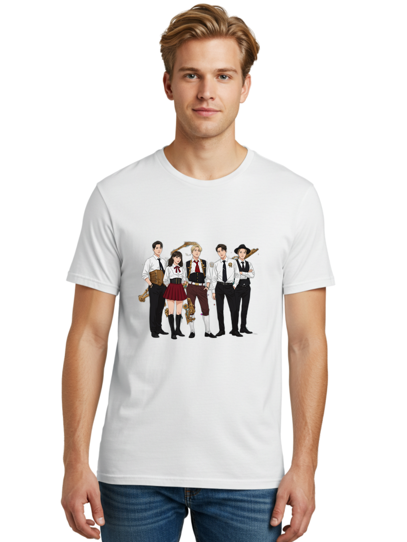 Steampunk-Characters Men'S Graphic Tee, 100% Cotton, Comfortable Casual Summer Wear, Machine Washable, Steampunk Characters, Anime-Inspired Art, Futuristic Attire, Science Fiction Elements, Clockwork Mechanisms, Formal Wear, Bac454