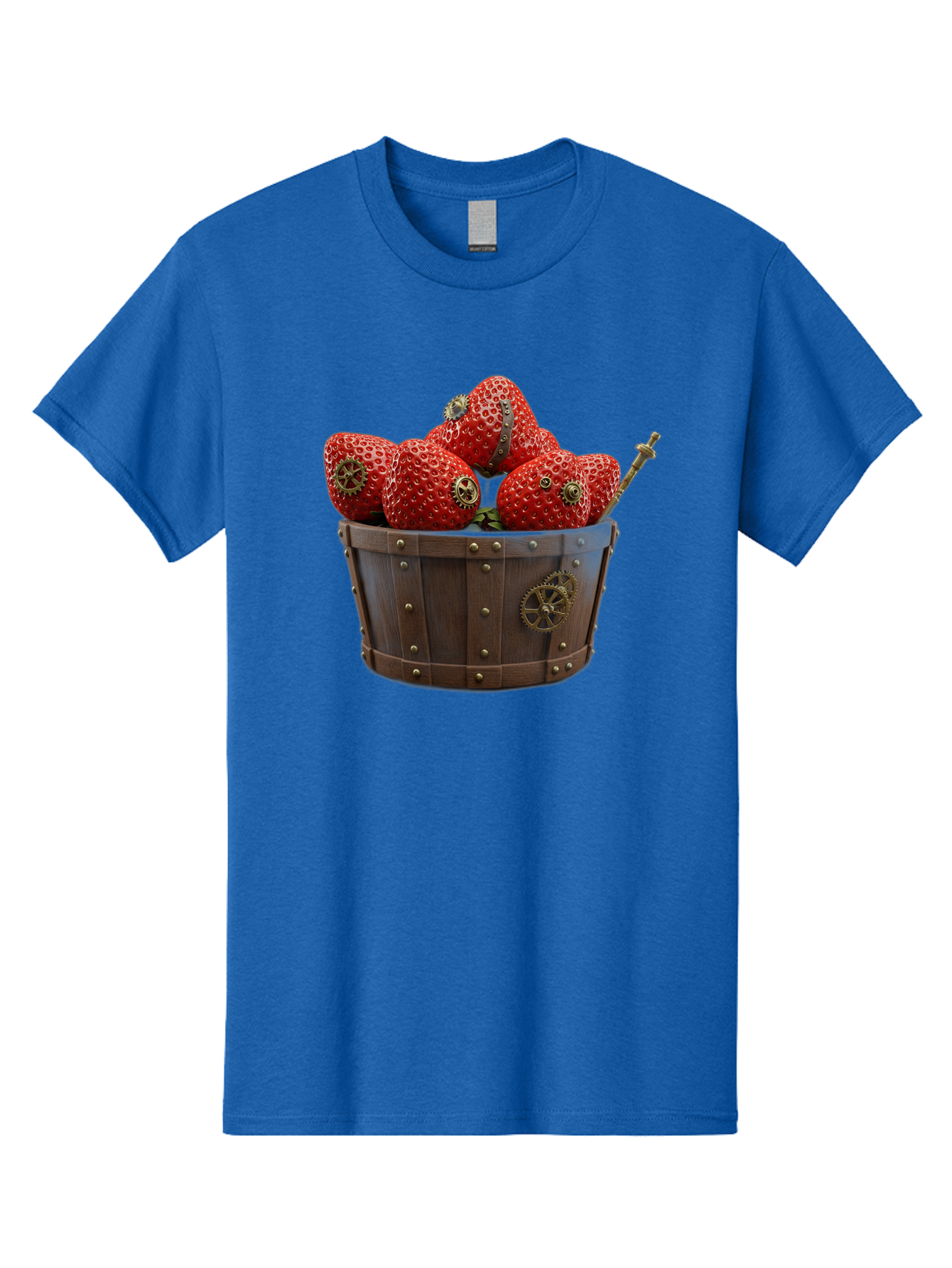 Steampunk-Strawberries Men'S Graphic Tee, 100% Cotton, Comfortable Casual Summer Wear, Machine Washable, Steampunk Strawberries, Mechanical Fruit, Wooden Basket, Gear Embellishments, Industrial Design, Vintage Aesthetic, Creative Concept, Bac455