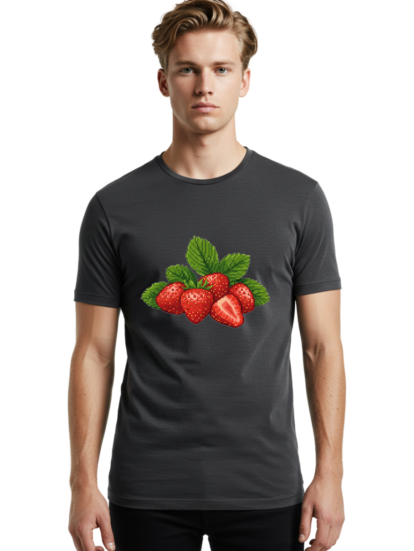 Strawberries-1 Men'S Graphic Tee, 100% Cotton, Comfortable Casual Summer Wear, Machine Washable, Five Red Strawberries, Strawberry Cut In Half, Green Leaves, Pixel Art, Fresh Fruit, Summer Harvest, Sweet Treats, Ripe Strawberries Bac456