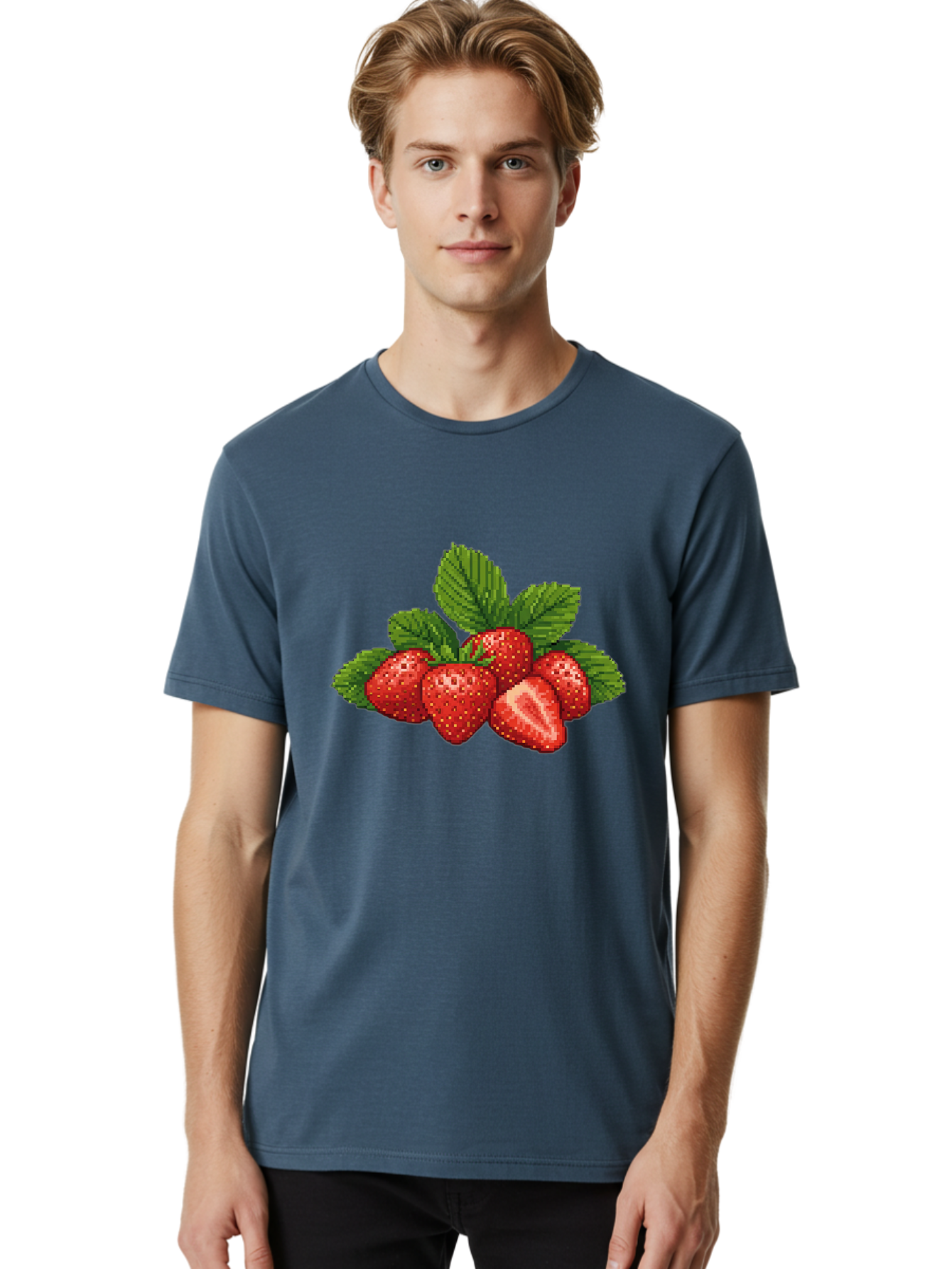 Strawberries-1 Men'S Graphic Tee, 100% Cotton, Comfortable Casual Summer Wear, Machine Washable, Five Red Strawberries, Strawberry Cut In Half, Green Leaves, Pixel Art, Fresh Fruit, Summer Harvest, Sweet Treats, Ripe Strawberries Bac456