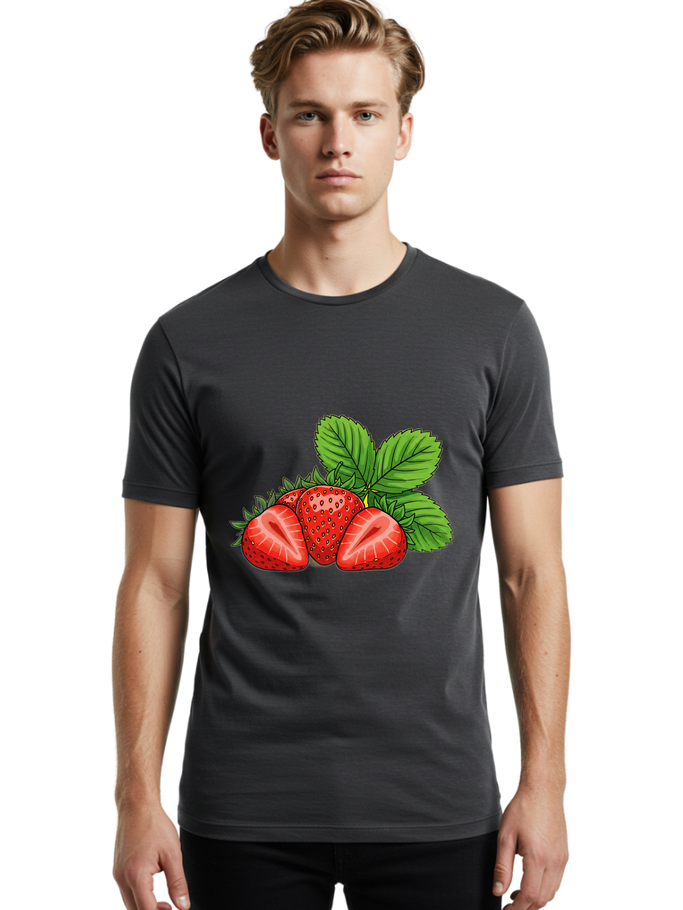 Strawberries-2 Men'S Graphic Tee, 100% Cotton, Comfortable Casual Summer Wear, Machine Washable, Strawberries With Leaves, Fresh Fruit, Vibrant Red Color, Organic Produce, Healthy Snack, Summer Fruits, Sweet Strawberries, Ripe Strawberries Bac457