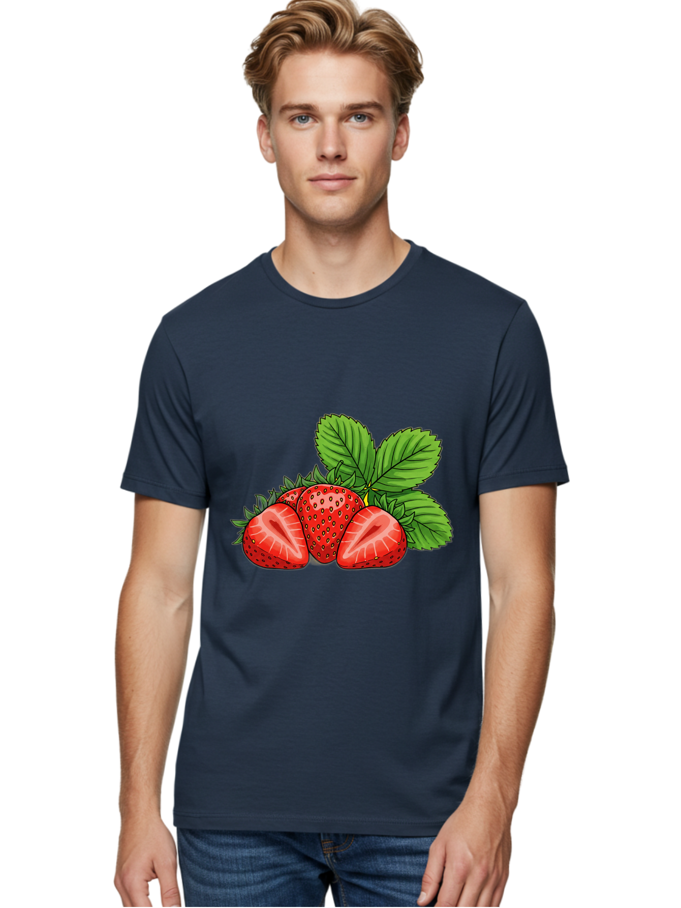Strawberries-2 Men'S Graphic Tee, 100% Cotton, Comfortable Casual Summer Wear, Machine Washable, Strawberries With Leaves, Fresh Fruit, Vibrant Red Color, Organic Produce, Healthy Snack, Summer Fruits, Sweet Strawberries, Ripe Strawberries Bac457