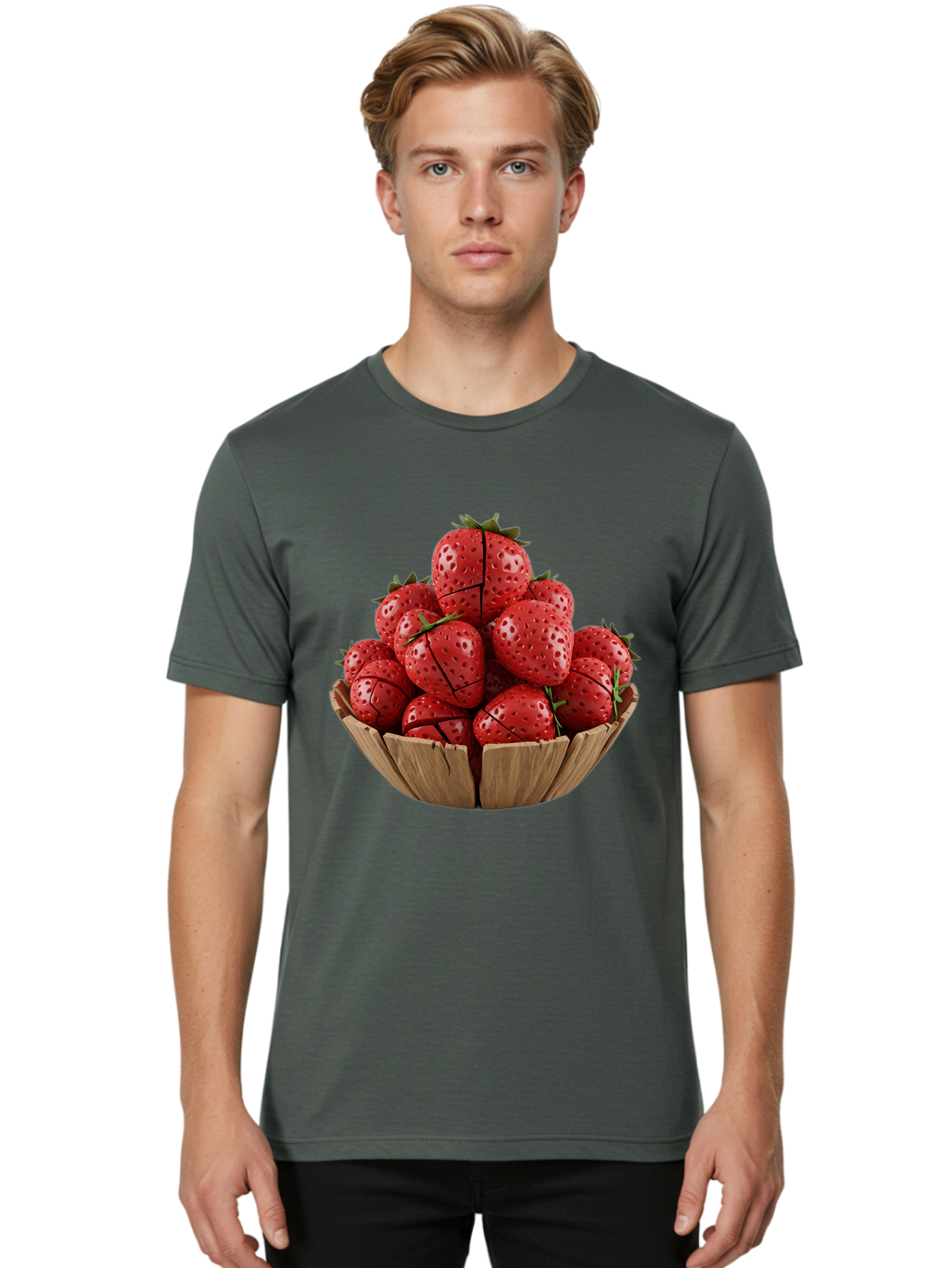 Strawberries-3 Men'S Graphic Tee, 100% Cotton, Comfortable Casual Summer Wear, Machine Washable, Fresh Strawberries, Ripe Fruit, Sweet Treats, Healthy Snack, Red Berries, Green Leaves, Eco-Friendly Packaging, Paper Bowl, Cut Strawberries, Bac458