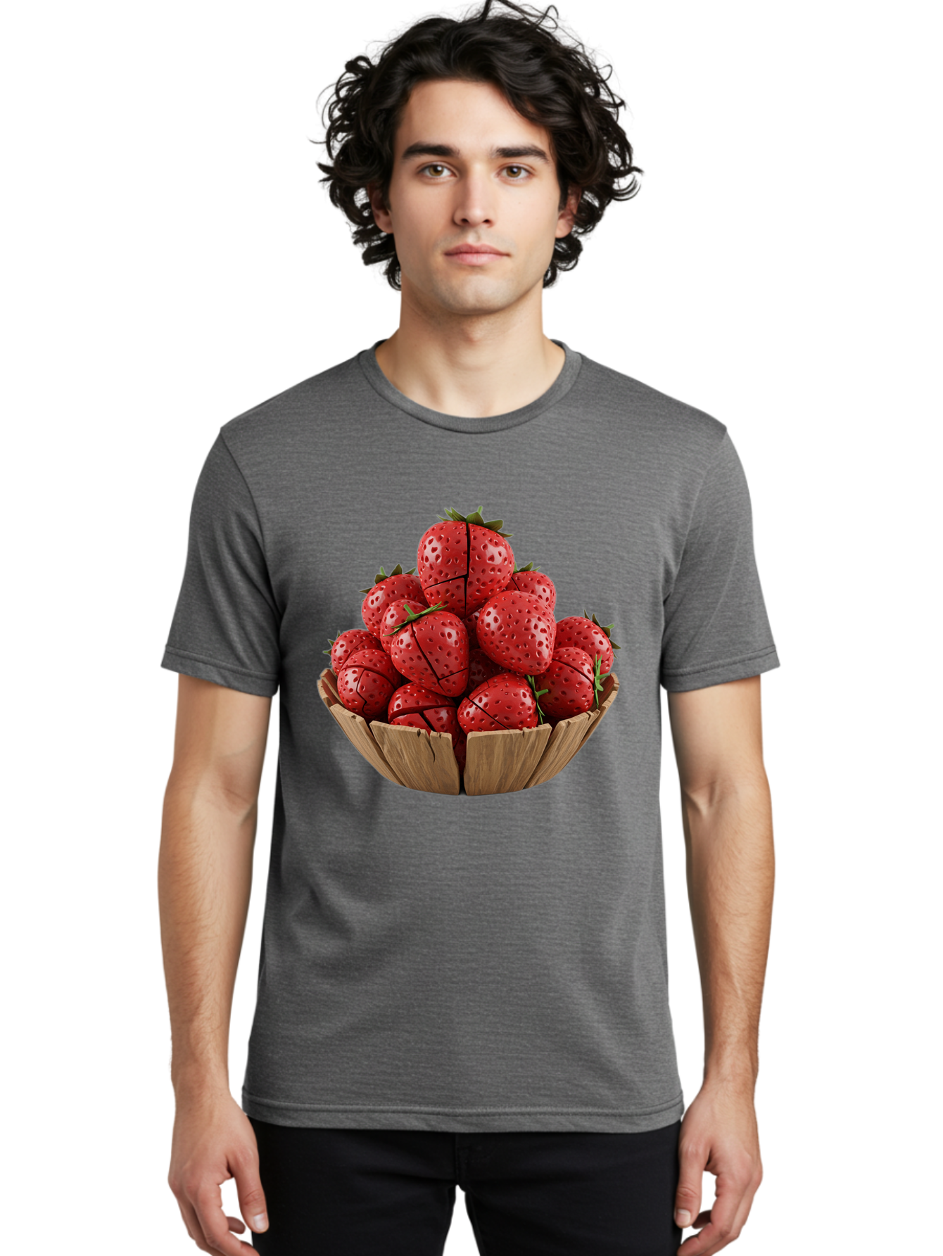 Strawberries-3 Men'S Graphic Tee, 100% Cotton, Comfortable Casual Summer Wear, Machine Washable, Fresh Strawberries, Ripe Fruit, Sweet Treats, Healthy Snack, Red Berries, Green Leaves, Eco-Friendly Packaging, Paper Bowl, Cut Strawberries, Bac458