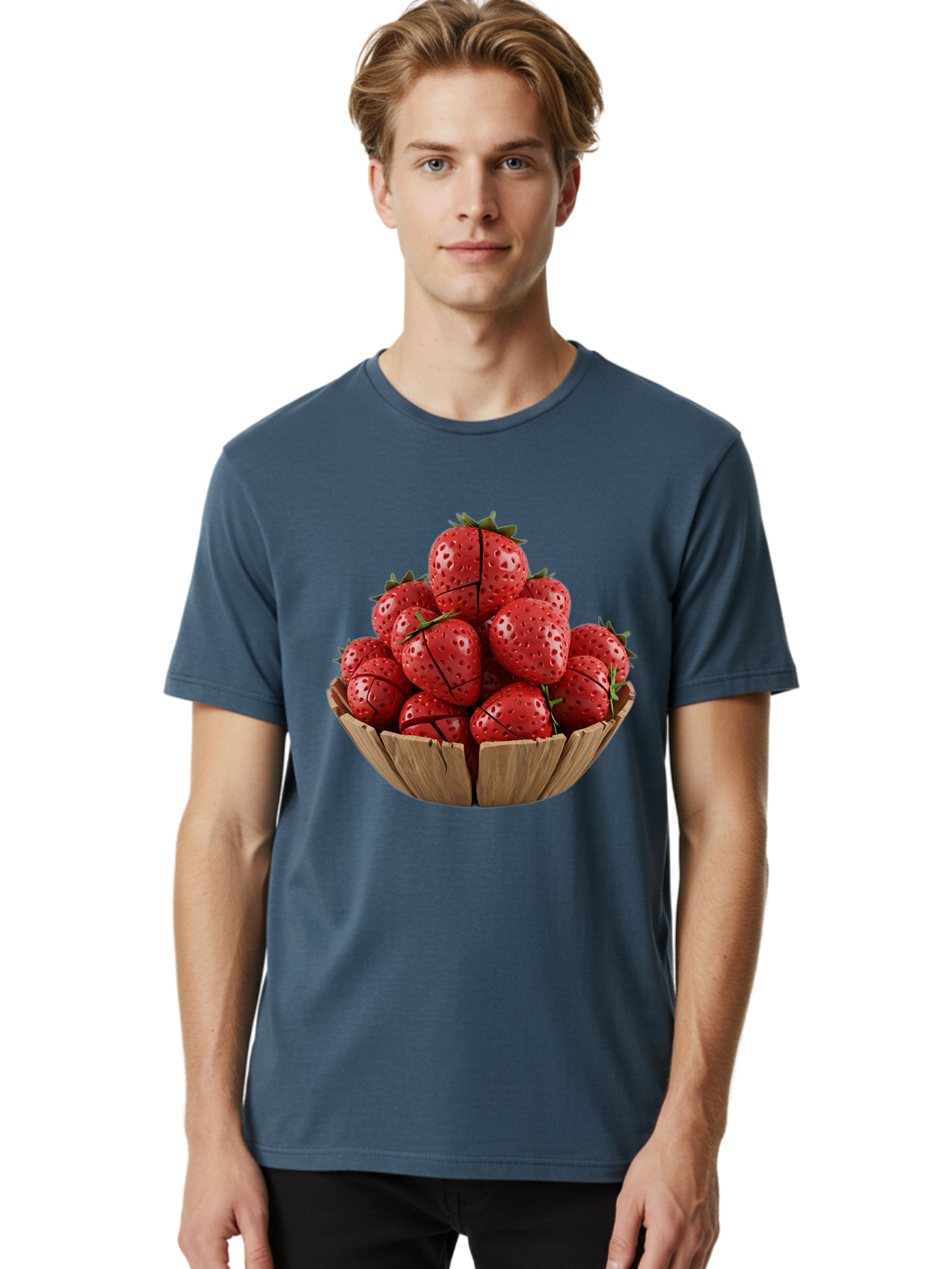 Strawberries-3 Men'S Graphic Tee, 100% Cotton, Comfortable Casual Summer Wear, Machine Washable, Fresh Strawberries, Ripe Fruit, Sweet Treats, Healthy Snack, Red Berries, Green Leaves, Eco-Friendly Packaging, Paper Bowl, Cut Strawberries, Bac458