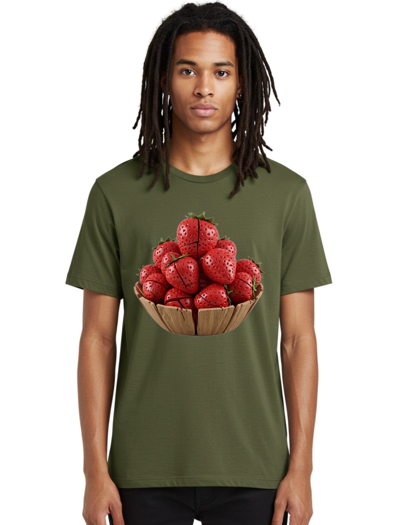 Strawberries-3 Men'S Graphic Tee, 100% Cotton, Comfortable Casual Summer Wear, Machine Washable, Fresh Strawberries, Ripe Fruit, Sweet Treats, Healthy Snack, Red Berries, Green Leaves, Eco-Friendly Packaging, Paper Bowl, Cut Strawberries, Bac458